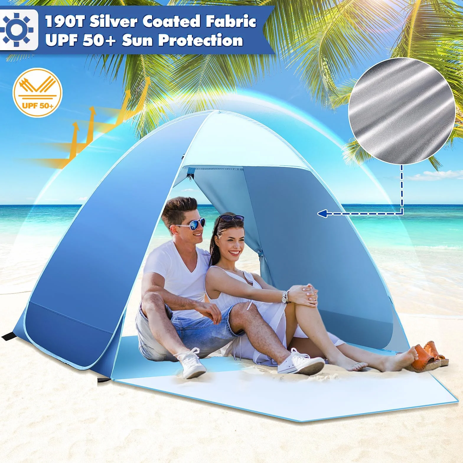 Tente de Plage, Tente de Plage Anti UV 50+ avec Porte Arrière Zippée Abri de Plage 1-2 Personnes Petit Emballage pour Protection Solaire Plage, Jardin