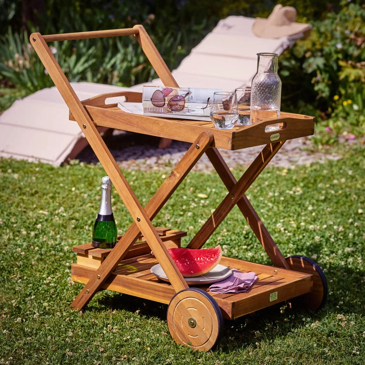 CASARIA Desserte à roulettes en Bois d'Acacia Chariot de Service 2 Niveaux 3 Porte Bouteilles