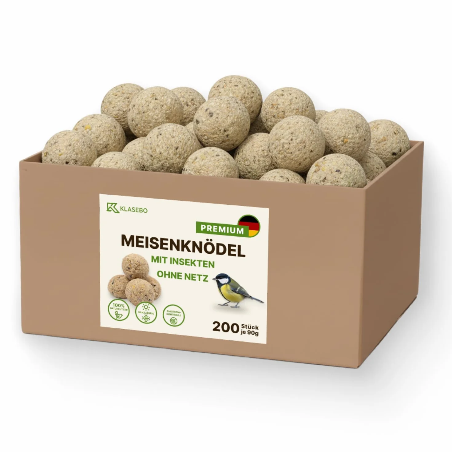 KLASEBO Boules de Graisse Oiseaux avec Insectes, Lot de 200 x 90 g, sans Filet, Nourriture Exterieur