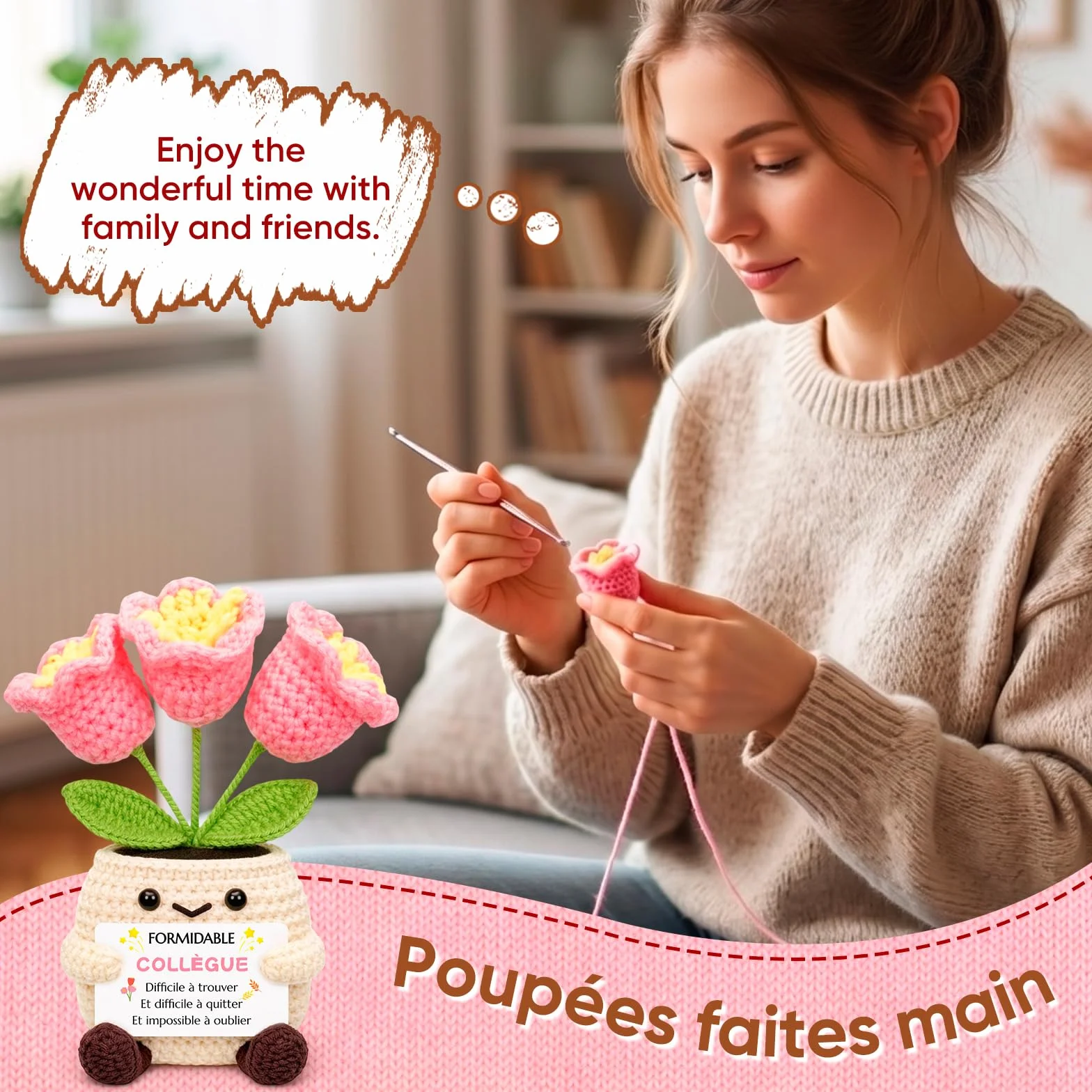 Pot De Fleurs Au Crochet Cadeau Collegue Femme Anniversaire Idée Depart Retraite Message Présent Elle Déco Bureau Unique Noël Fête