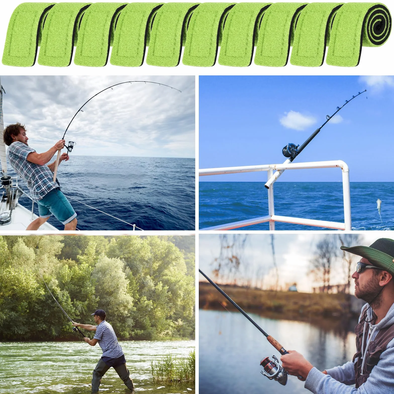 Sangles réglables en néoprène pour canne à pêche - Lot de 12
