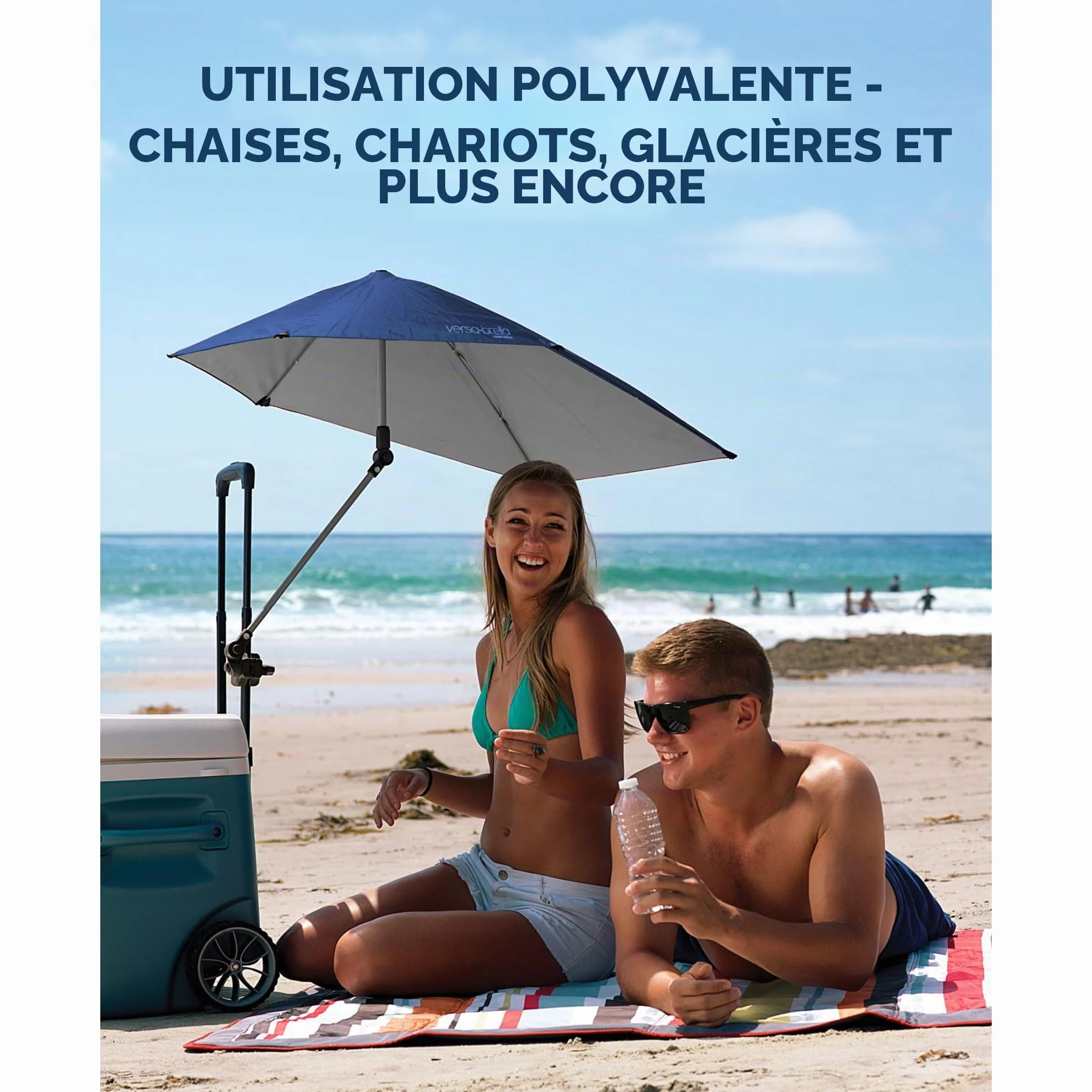 Versa-Brella Parasol Réglable avec Rotation 360 Degrés, Doublure UPF 50+ pour Chaises, Léger et Facile à Installer, 107 cm, pour Plage, Camping, Terrasse, Activités Sportives et Poussettes - Noir