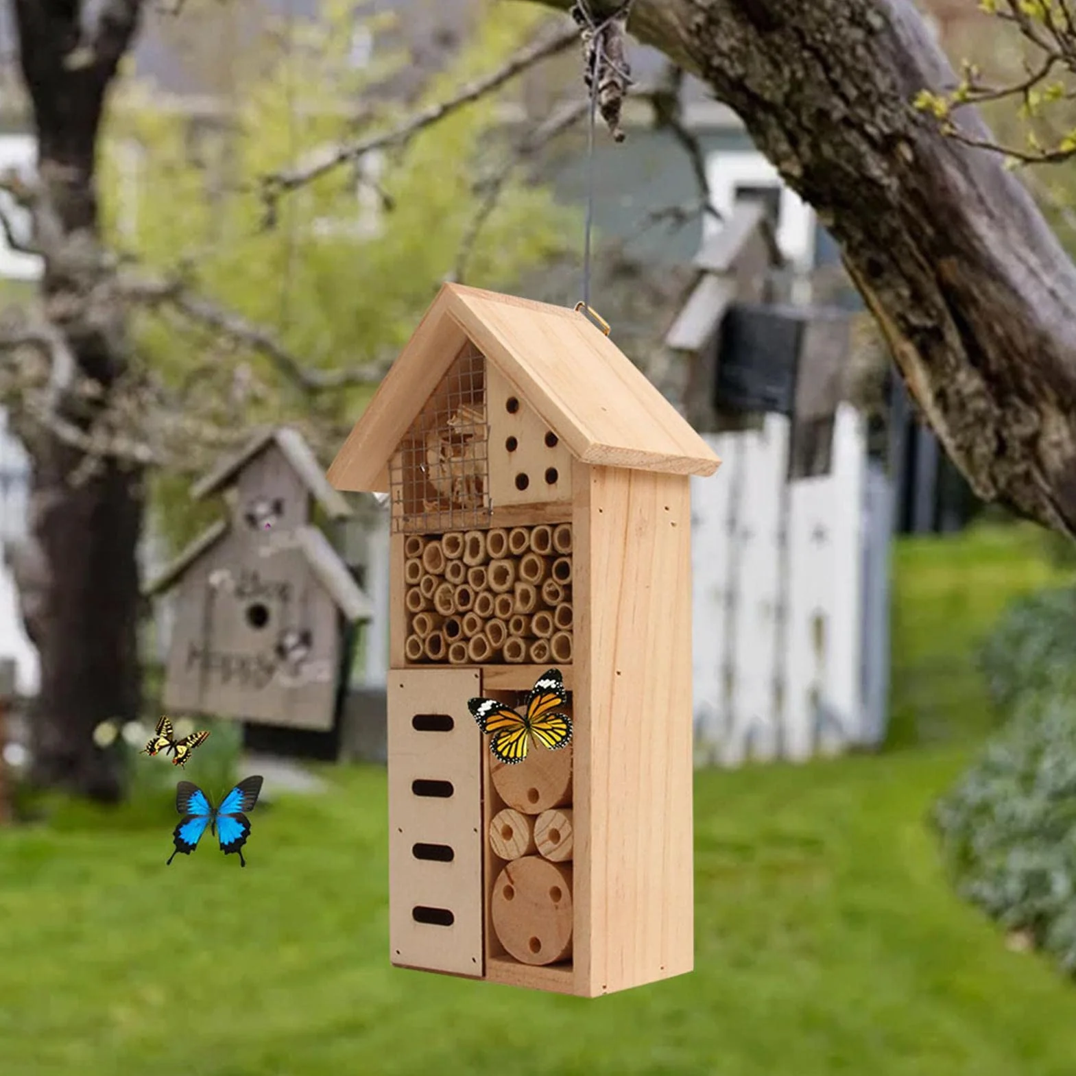Pekoluta Maison d'insectes en Bois Hôtel pour Papillons Abeilles Coccinelles Habitat Suspendu Extérieur