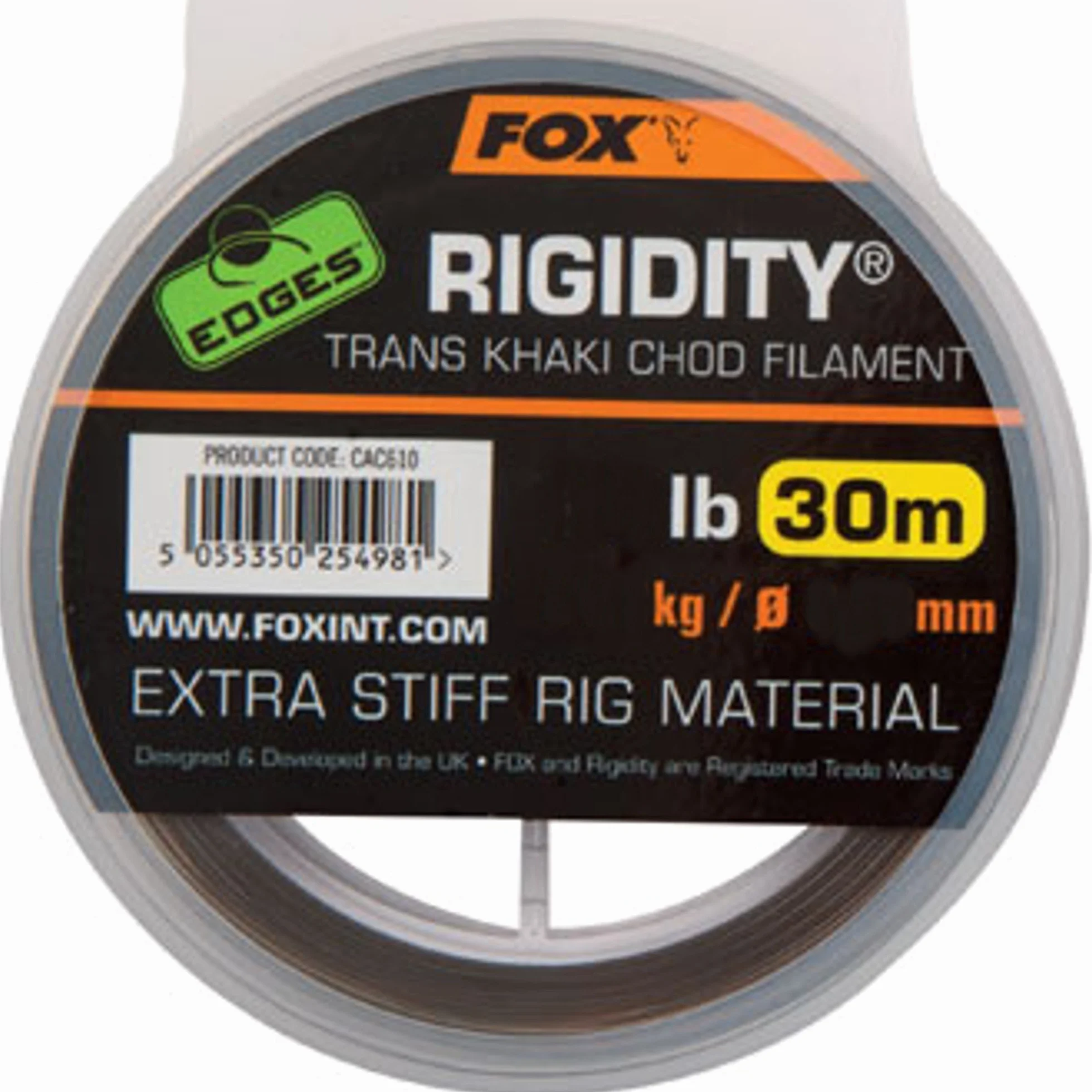 Fox Edges Rigidity Chod Filament 30 m Trans/Kaki – Fil de Bas de Ligne pour la pêche à la Carpe, Bas de Ligne, Bas de Ligne