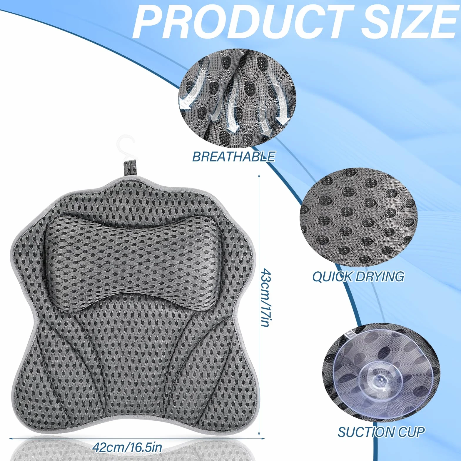 Oreiller de Bain avec 2 Ventouses Puissantes, Coussin Air Mesh 4D pour Ergonomique Dos Cou