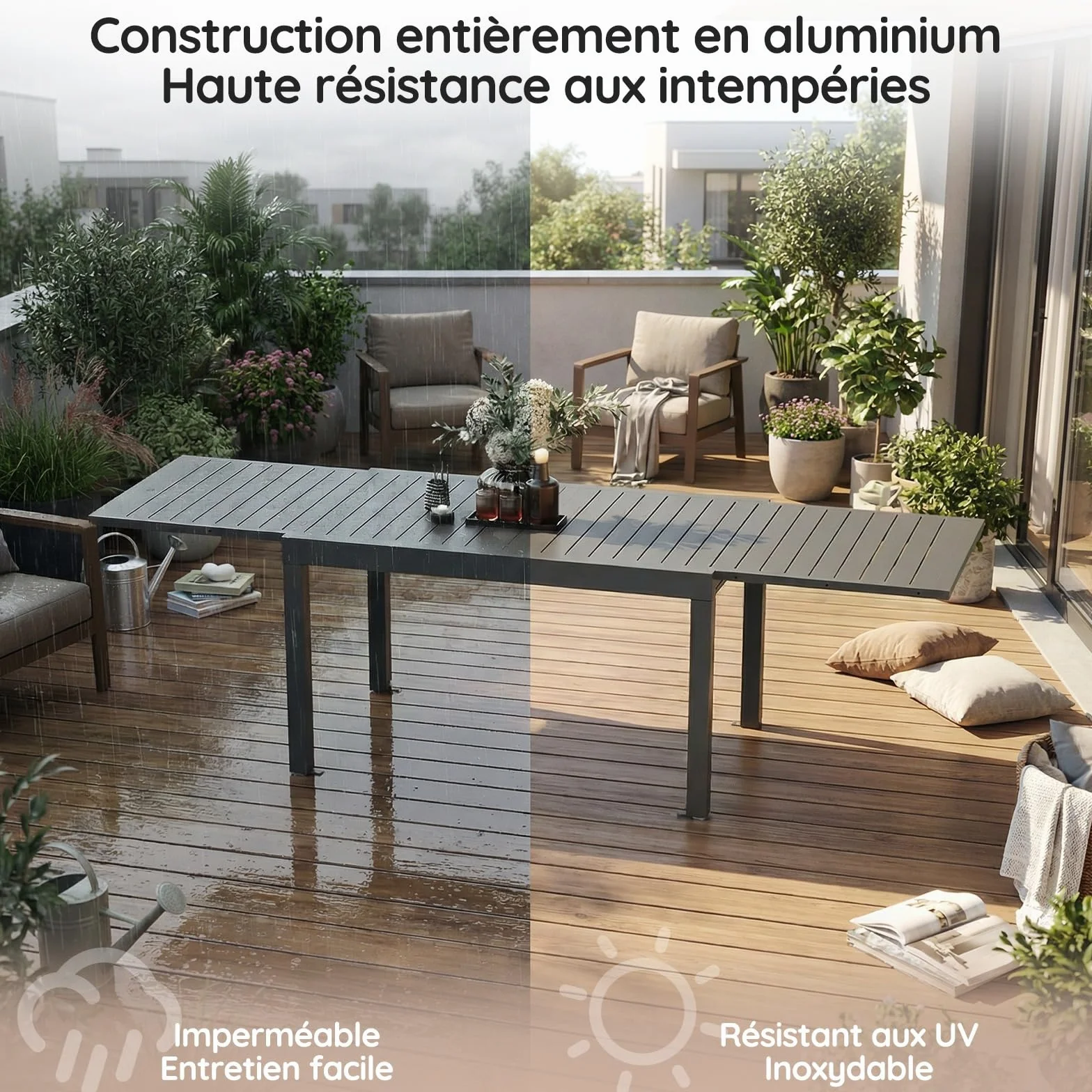 Table de Jardin Extensible Aluminium 80/160 x 80 x 75 cm Gris