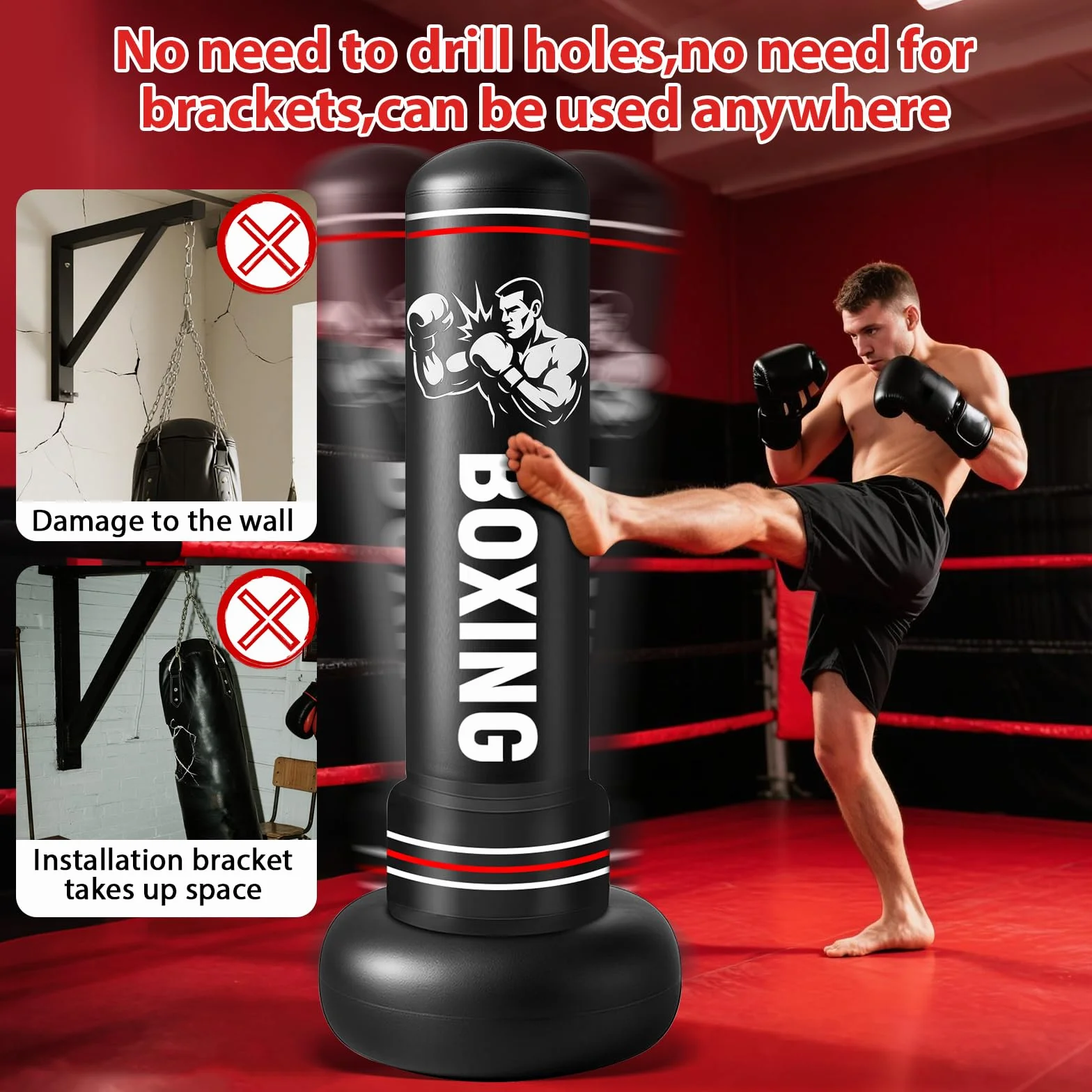 Sac de Frappe Adultes, 190cm Gonflable Punching Ball avec Gants Pompe à Air, Sac de Boxe sur Pied Enfants pour MMA Karaté Fitness Equipement de Boxe Idéal Cadeau Femmes et Hommes