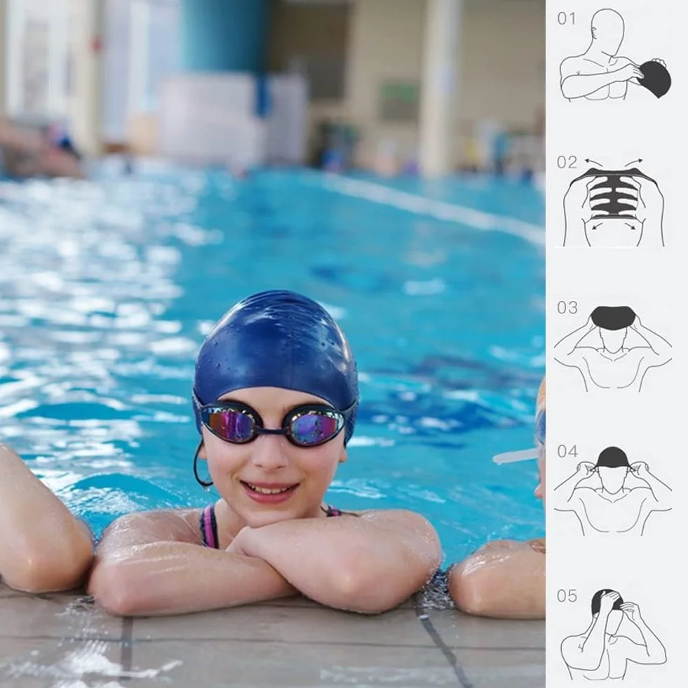 HYCOPROT Bonnet de Bain Enfant 100% Silicone Antidérapant Imperméable Hypoallergénique Élastique Confortable Natation Cheveux Longs Courts