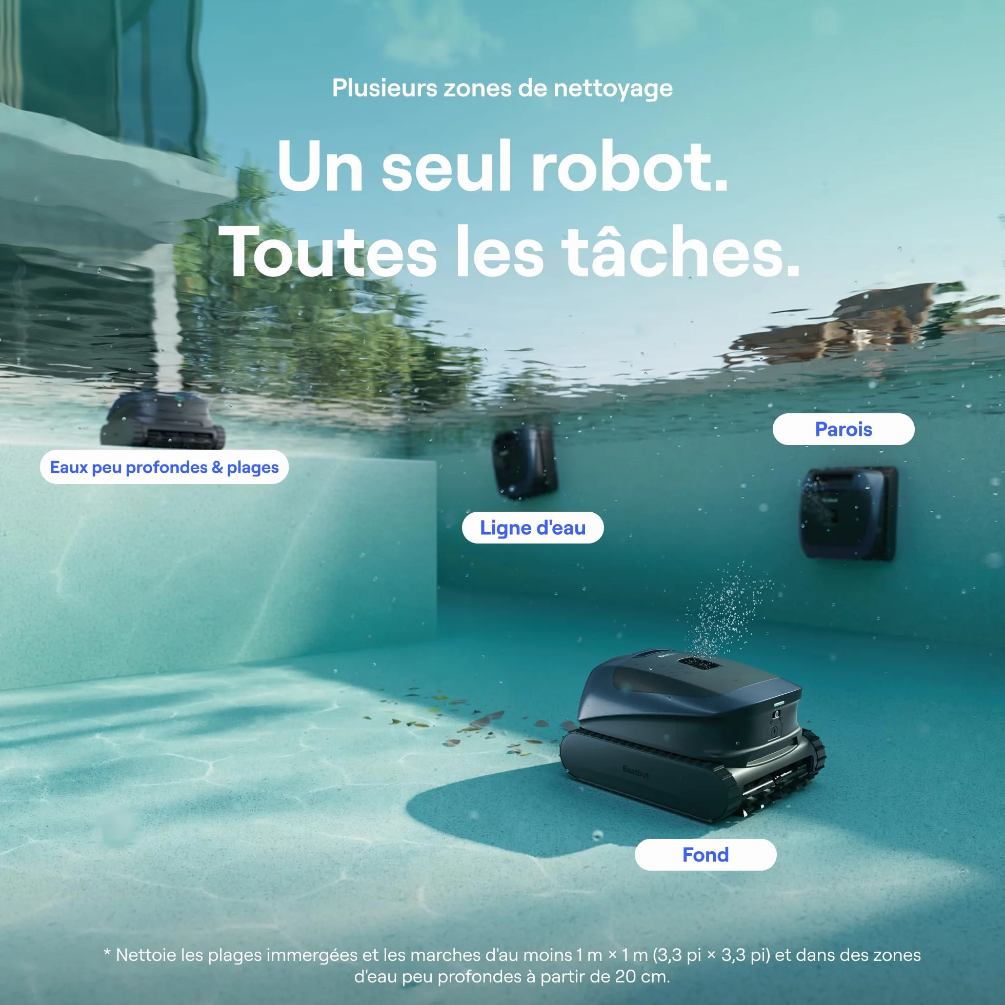 Beatbot Sora 30 Robot Piscine sans Fil, Nettoyage 3-en-1 Fond/Parois/Ligne d'eau, Filtre 5L, Aspirateur Connecté Bleu