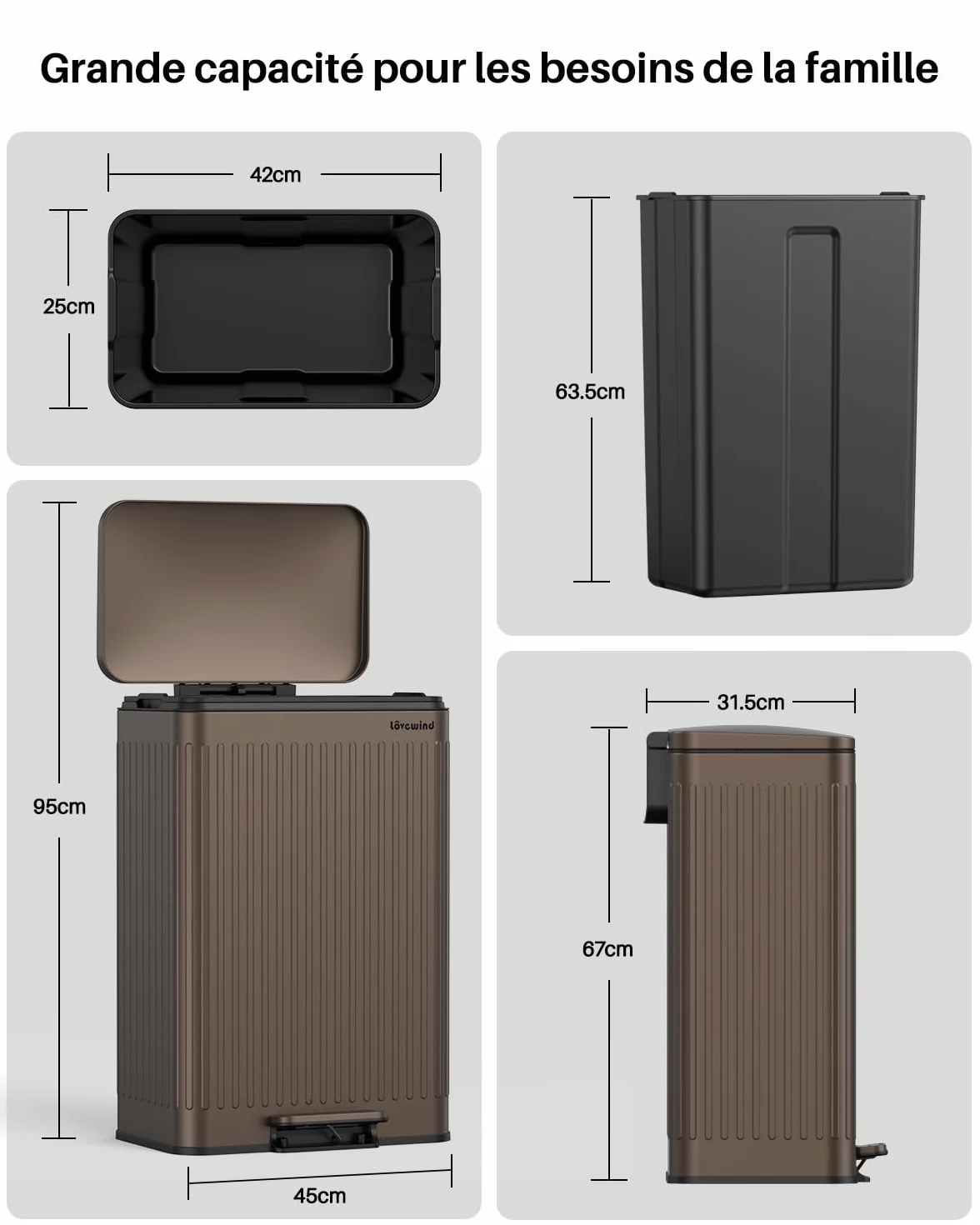 lovewind Poubelle 60L Inox Brun à Pédales, Couvercle Silencieux, Seau Intérieur avec Poignées