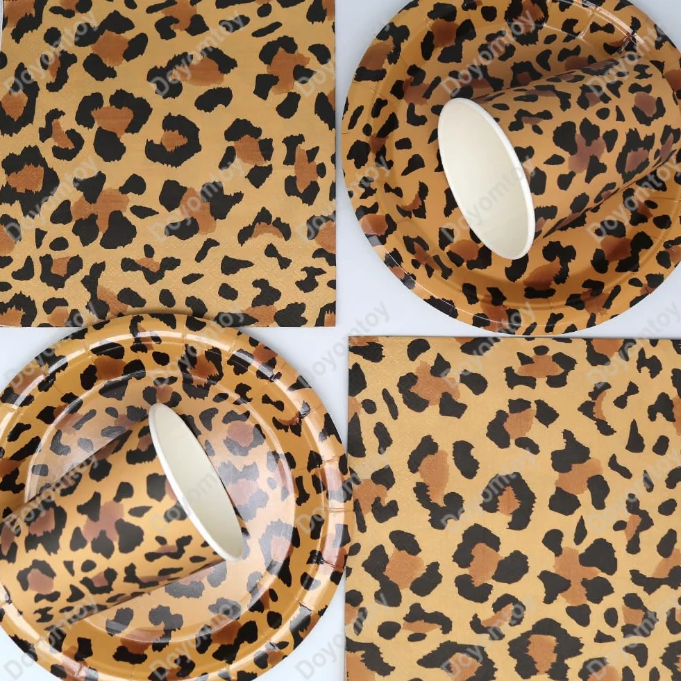 Vaisselle de Fête Léopard Anniversaire Set Assiettes en Papier Serviettes Tasses 20 Personnes
