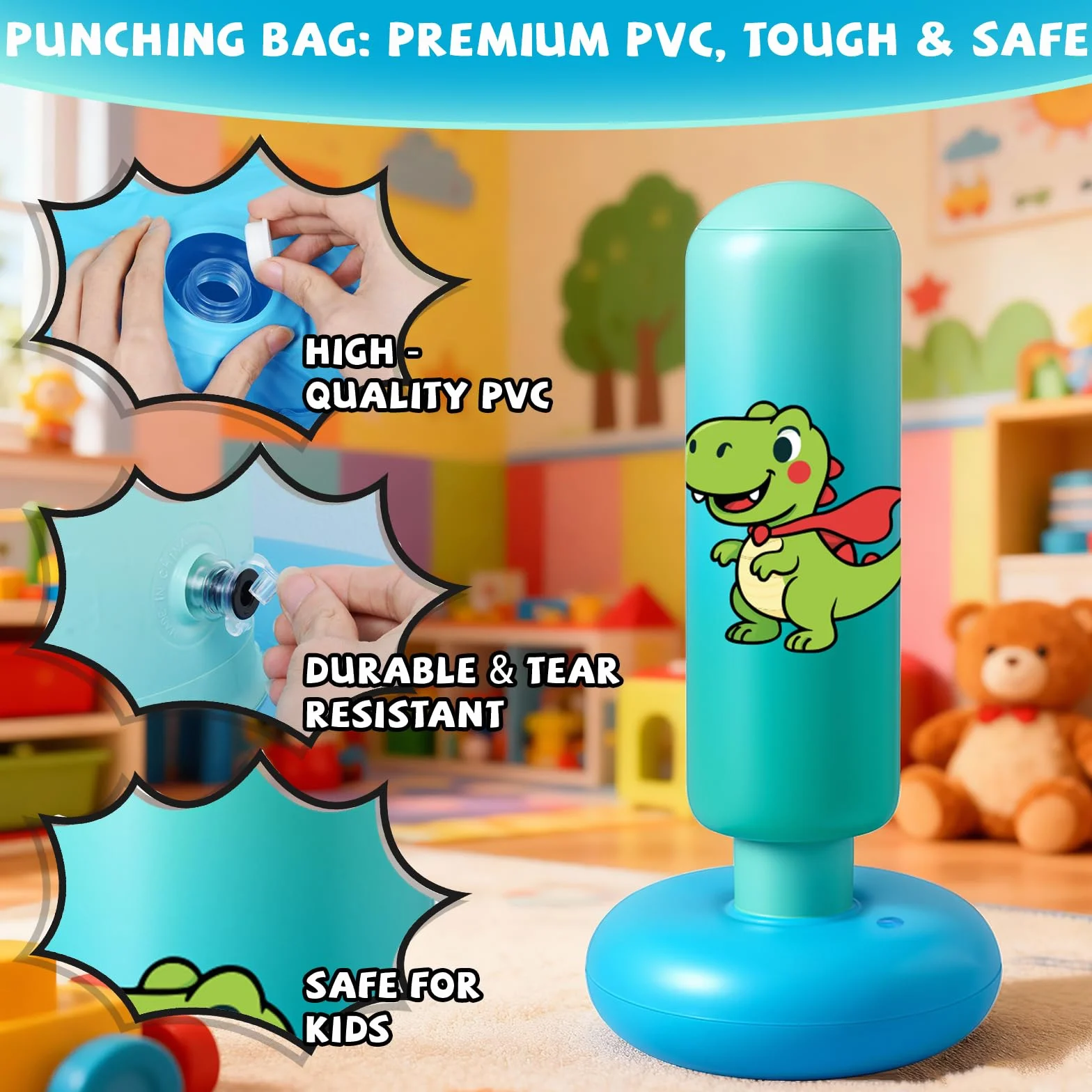 Sac de Boxe pour Enfants, avec Gants de Boxe, 120cm Gonflable Sac de Frappe Enfant Pratique du Karaté, Taekwondo, Cadeaux pour GarçOns et Filles