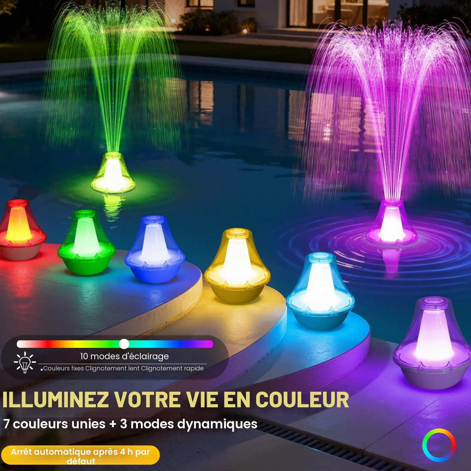 KingSom Fontaine Flottante Piscine Rechargeable avec Lumières Colorées, Télécommande, 3 Modes Pulvérisation & 10 Modes Lumière
