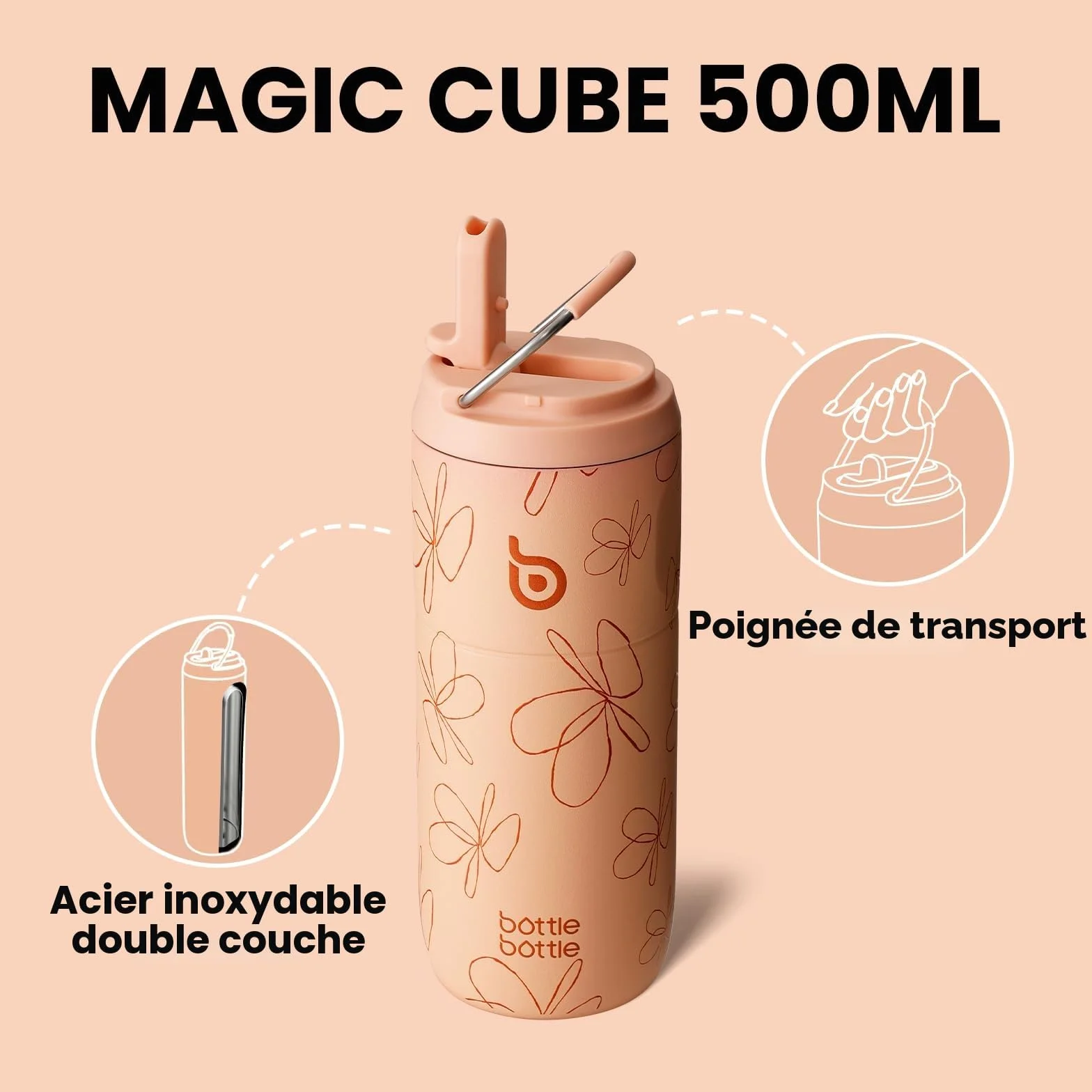 bottlebottle Gourde en acier inoxydable avec paille, 500 ml, sans BPA, couvercle anti-fuite, idéale pour l'école, le bureau, la randonnée et les excursions (motif de fleurs jaunes)