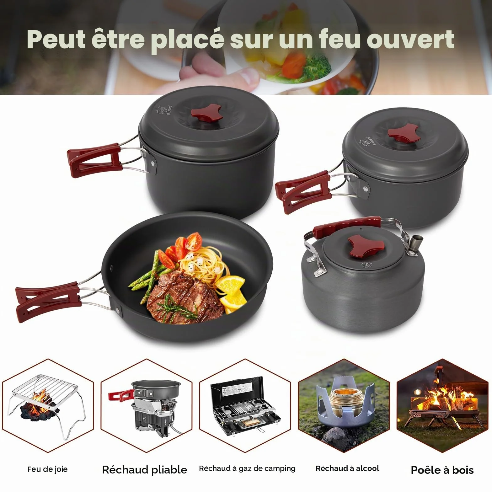 Bulin Set de Cuisine Camping, ustensiles de Camping, casseroles en Aluminium, kit léger avec Couverts Pliables et Bouilloire, pour 1-2-4-6 Personnes, idéal Camping, Outdoor, Pique-Nique