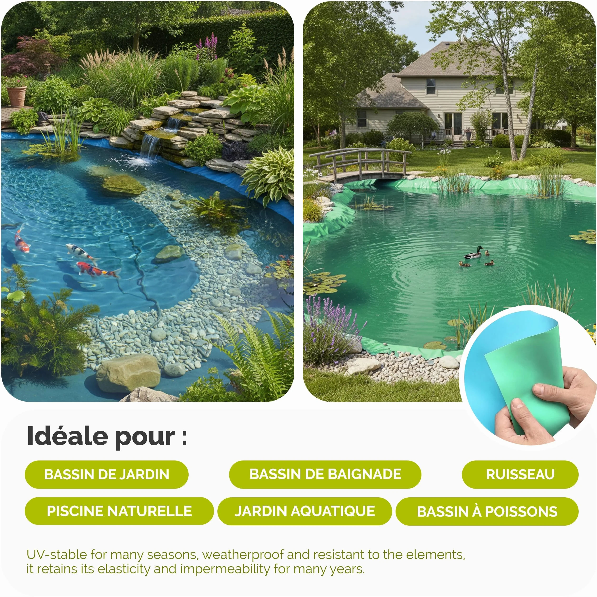 Bâche pour Bassin Extérieur 6x5m (30m²) Liner Étanche PE 0,5mm Résistant UV 3 Couches Bleu-Vert