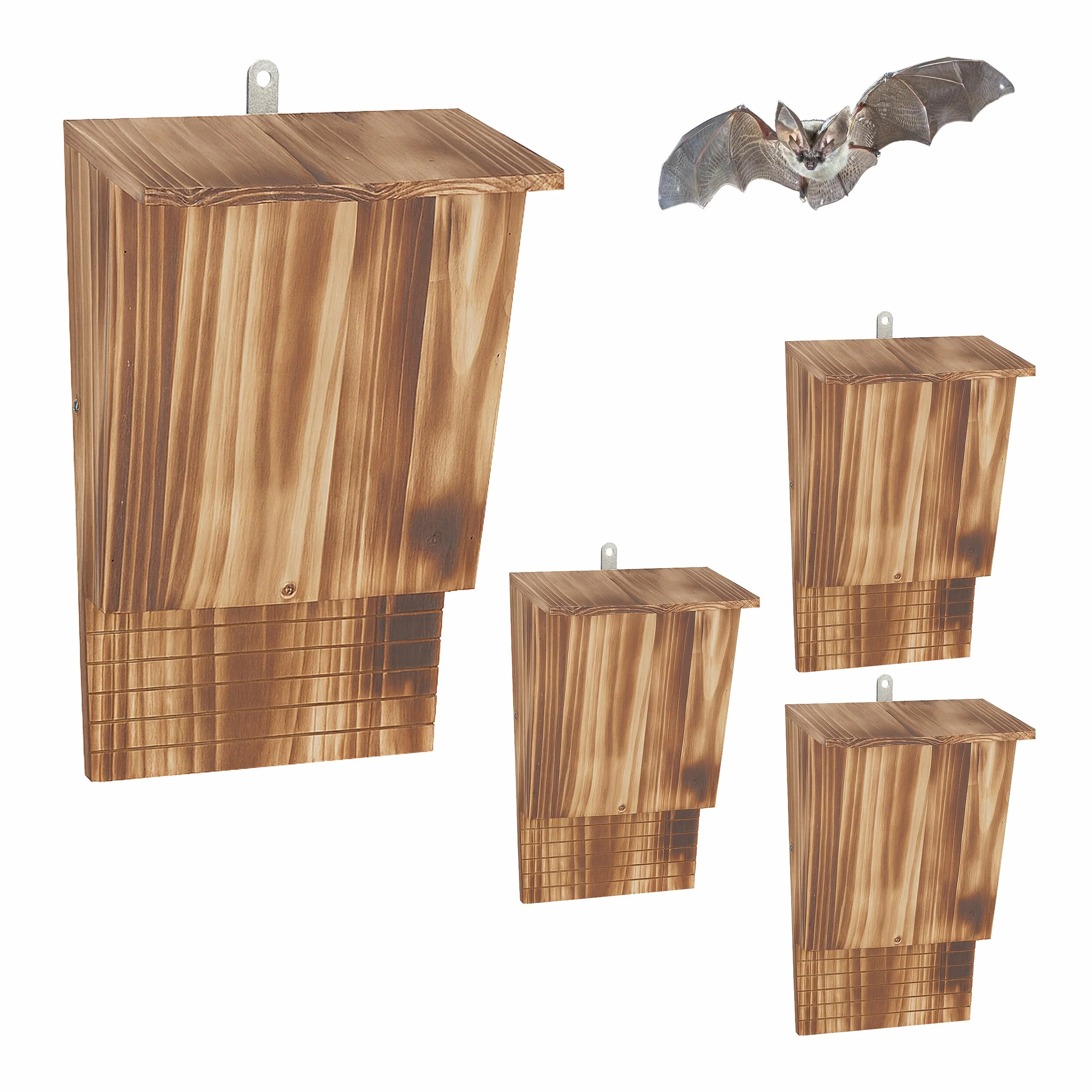 Relaxdays Nichoirs pour Chauves-Souris Lot de 4 34 x 22,5 x 12,5 cm Aspect brûlé Naturel