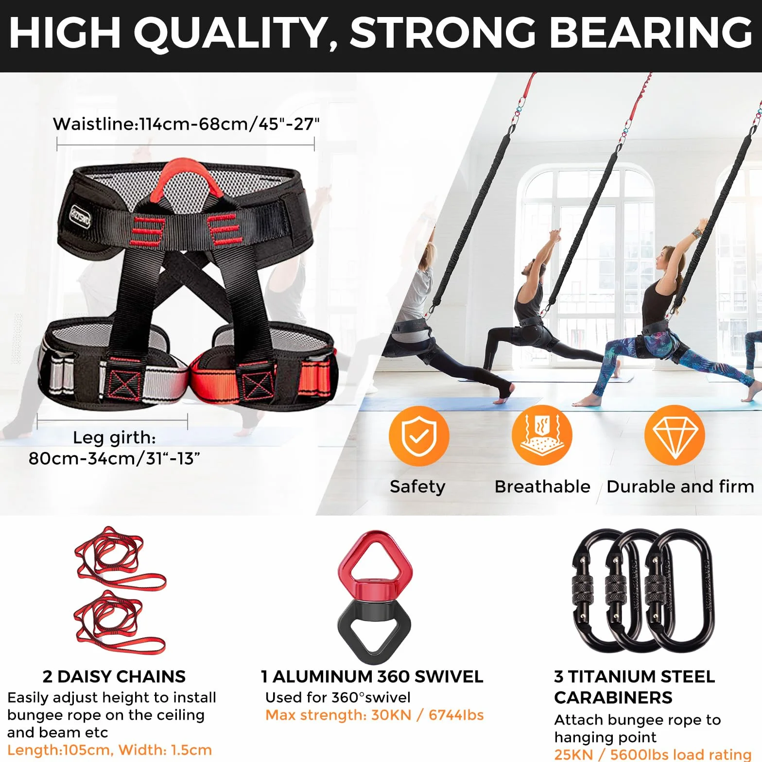DASKING Bungee Fitness Kit, Fun 4D Aerial Yoga Dance Sangle de Suspension, Solide Harnais Bungee Fitness Cord, Yoga Volant Corde, Professional Bungee-Fitness pour La Maison Hommes et Femme