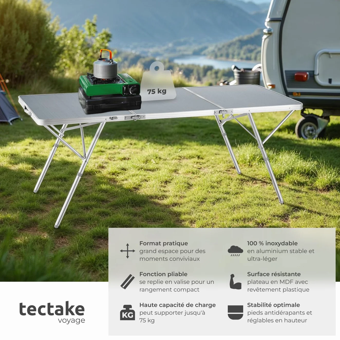 Tectake Table Pliante de Pique Nique Camping Aluminium INOX 180x70x70cm Réglable en Hauteur