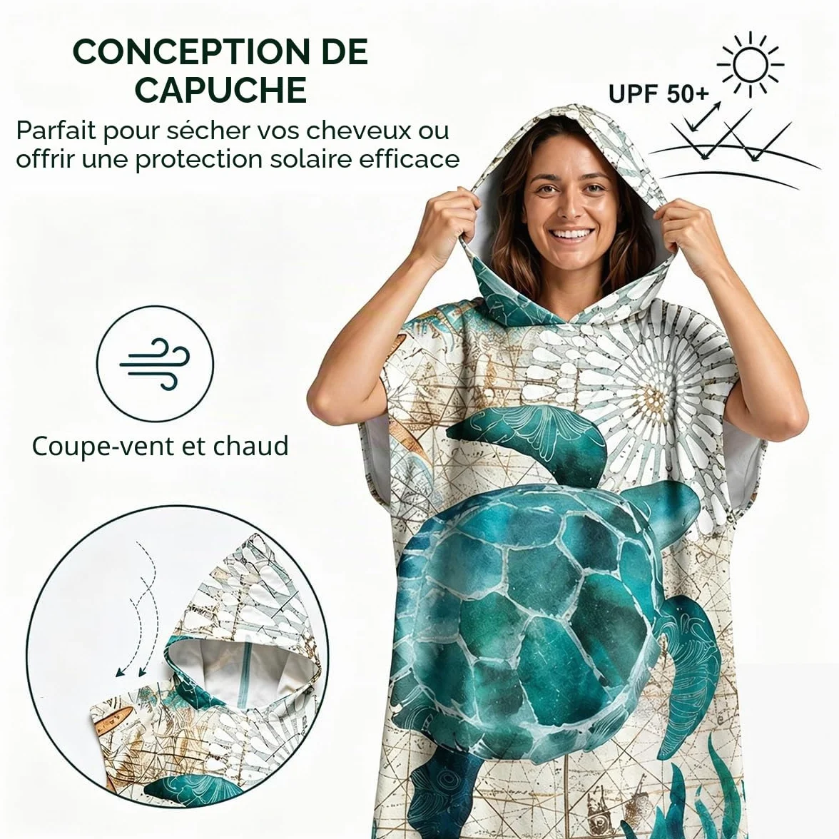 Odot Serviette Poncho de Surf, Microfibre à Séchage Rapide en Tissu Surfing Changement Robe à Capuche Poncho Plage à Langer Peignoir Natation pour Adulte Large