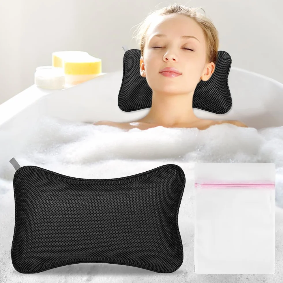 Flintronic Oreiller de Bain Coussin Baignoire Air Mesh Ergonomique avec 2 Ventouses Antidérapantes Noir