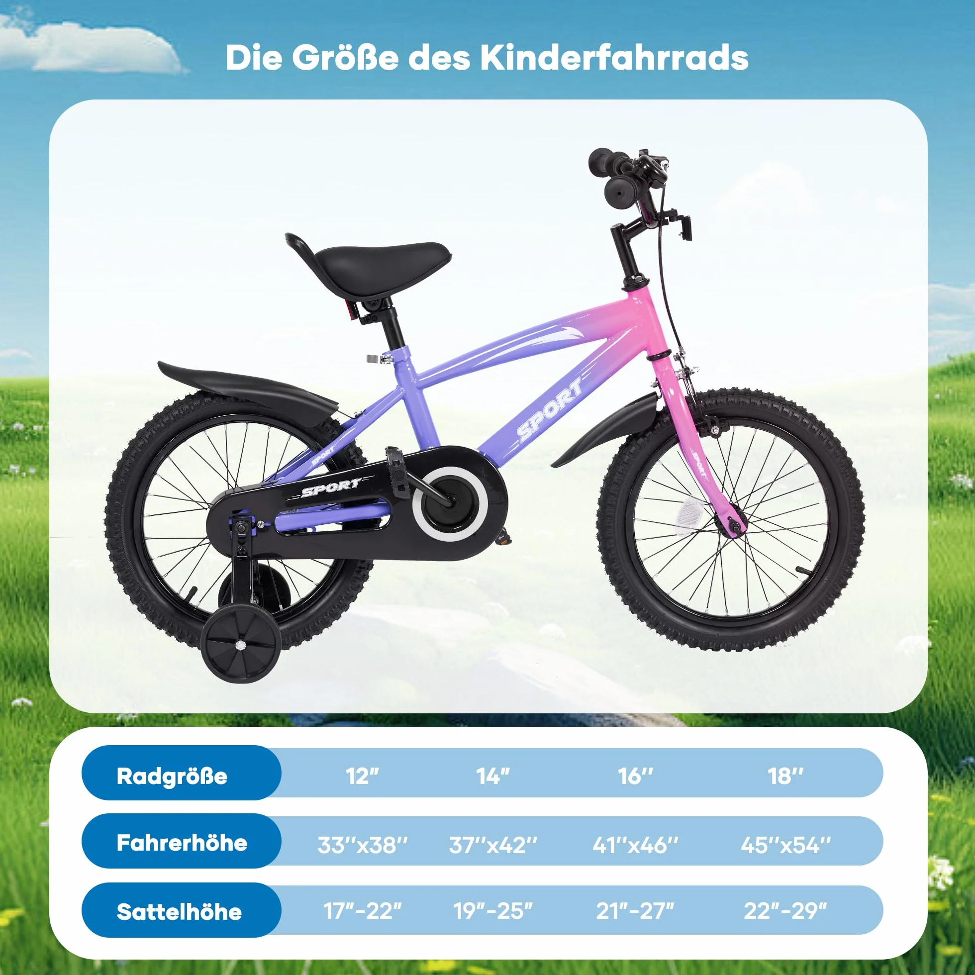 BODIOO Vélo enfant 16 pouces pour garçons et filles avec siège réglable, roues stabilisatrices, frein à main, frein à rétropédalage et cadre stable pour conducteurs de 104 à 117 cm (dégradé de violet)