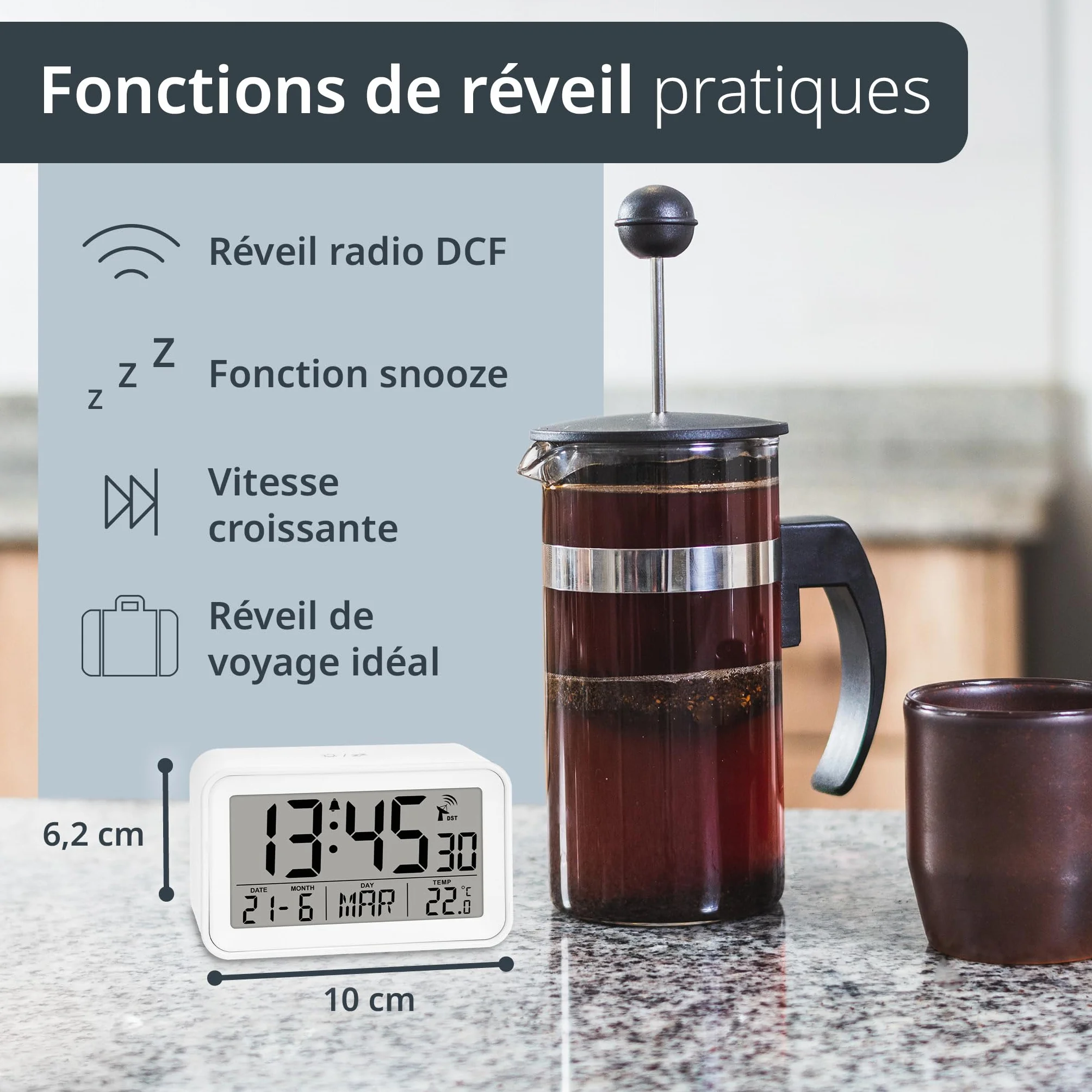 ADE Reveil Matin Radio pilotée Horloge numérique Voyage Affichage température Date Blanc Mat avec Pile