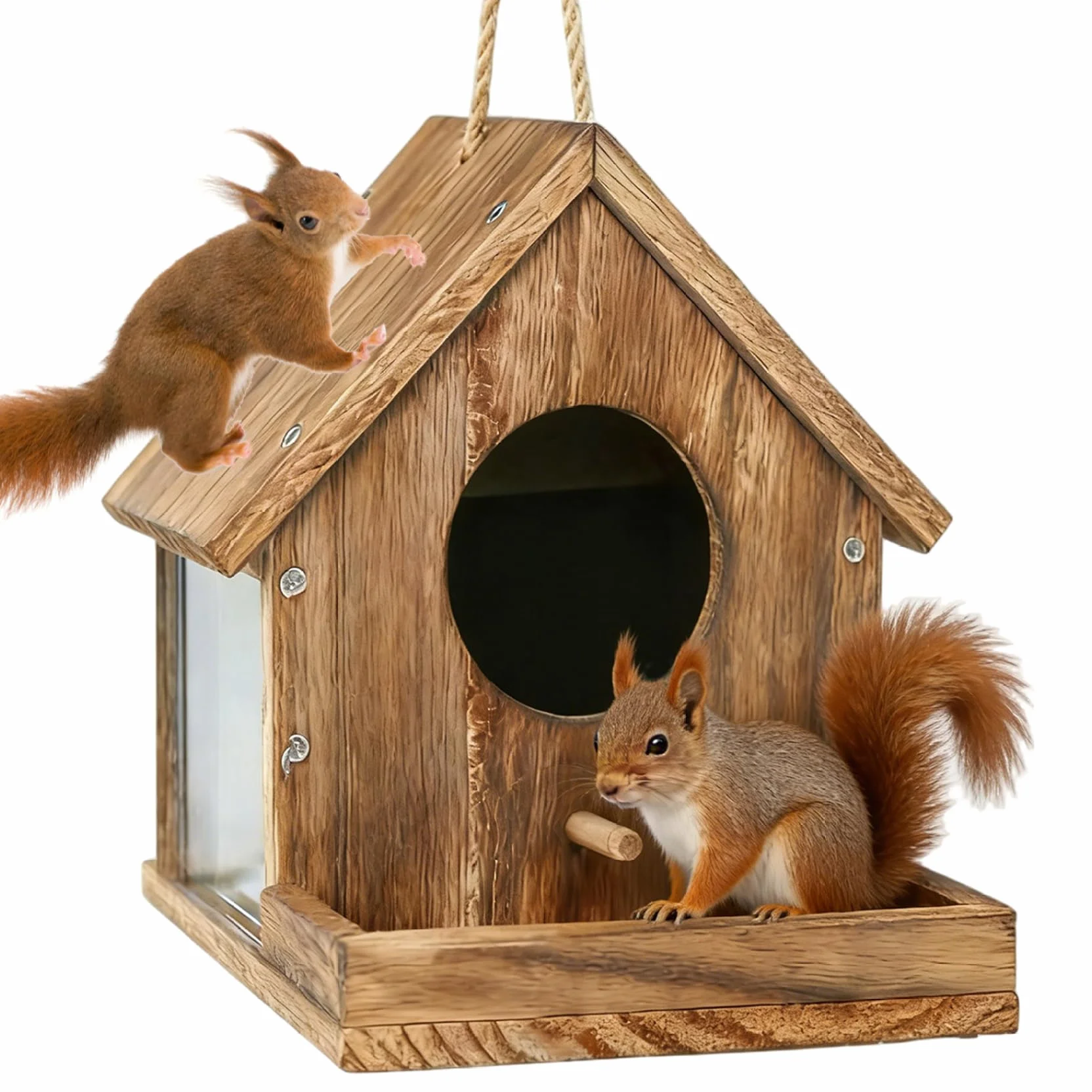 Mangeoire pour écureuils en bois avec fenêtre de visualisation