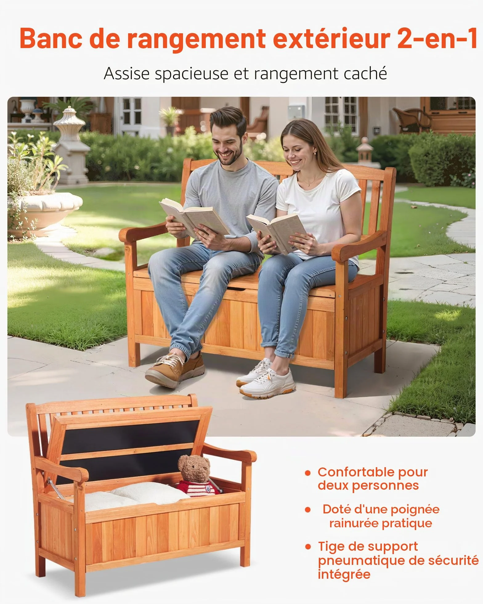 VEVOR Banc de Rangement Extérieur en Bois Coffre de Jardin 125 L 2 en 1 avec Poignée Latérale, Capacité de Charge 319,8 kg