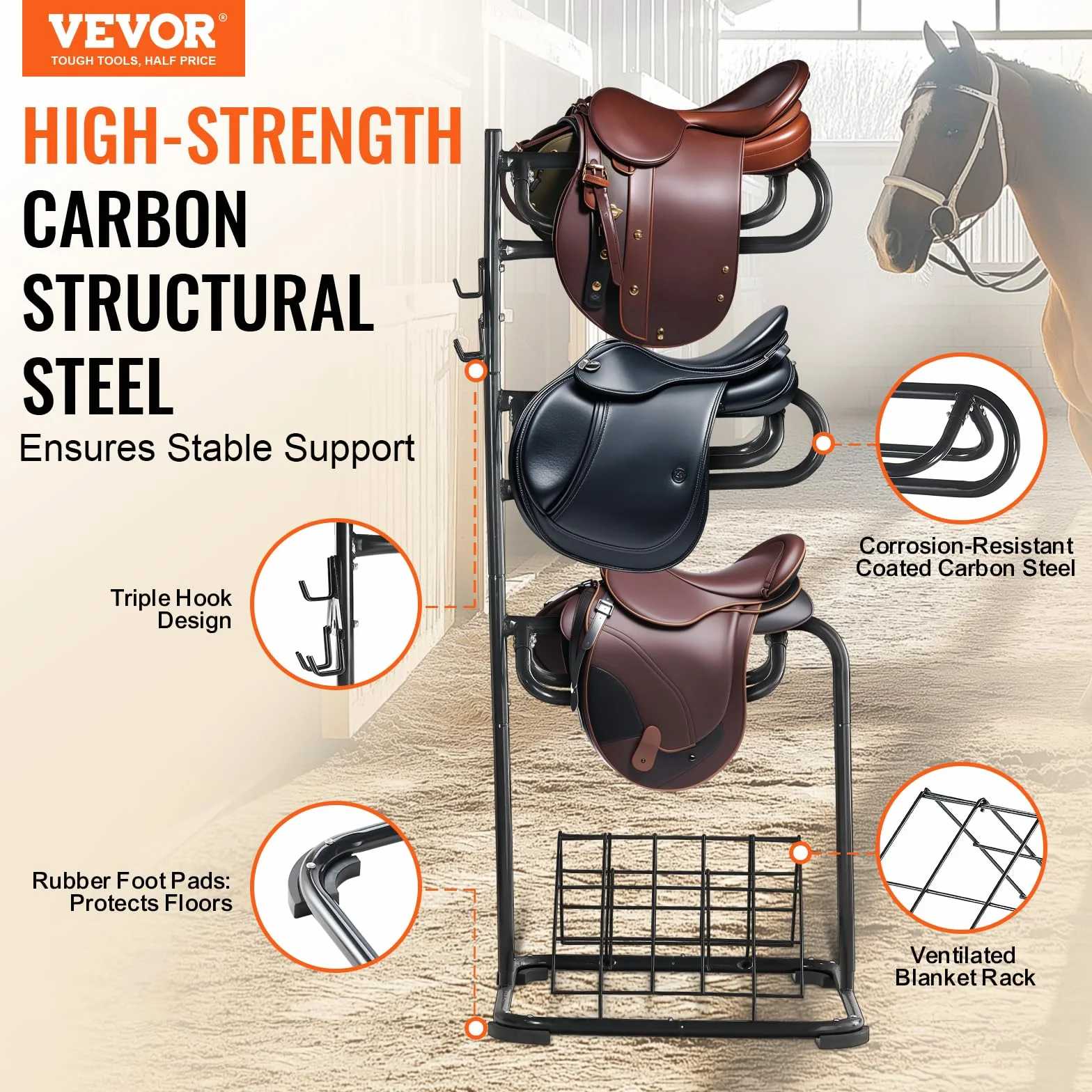 VEVOR Support de Selle Cheval, Porte-Selle Anglais Western Autoportant, Niveaux Rotatifs, Rangement de Couverture et Coussin, pour Matériels Chevaux d'Équitation, Organisation de Sellerie, d'Écuries