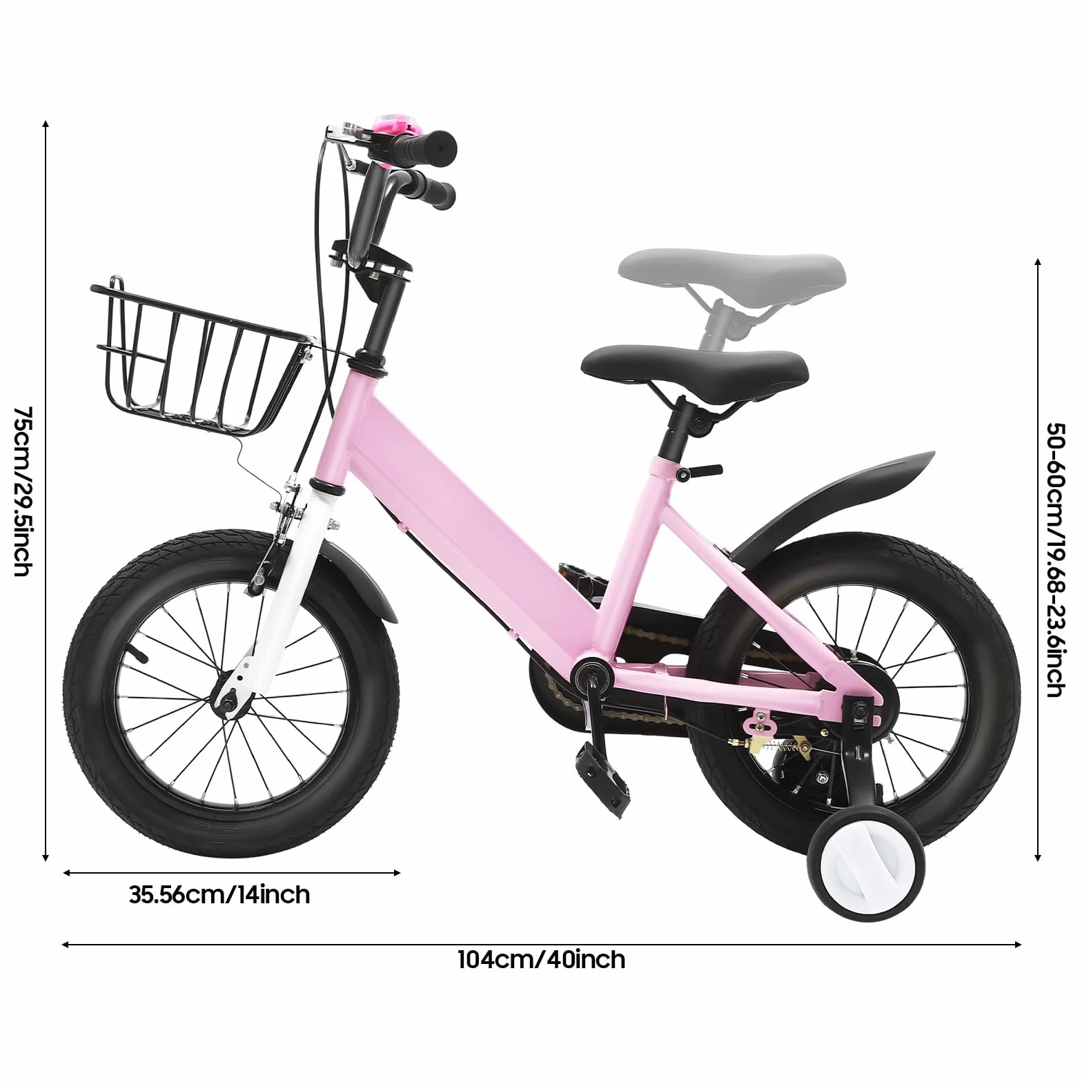 Vélo enfant 14" pour 3 à 5 ans | Roues stabilisatrices, panier et garde-boue avec | Siège réglable en hauteur | Pour filles et garçons | Rose