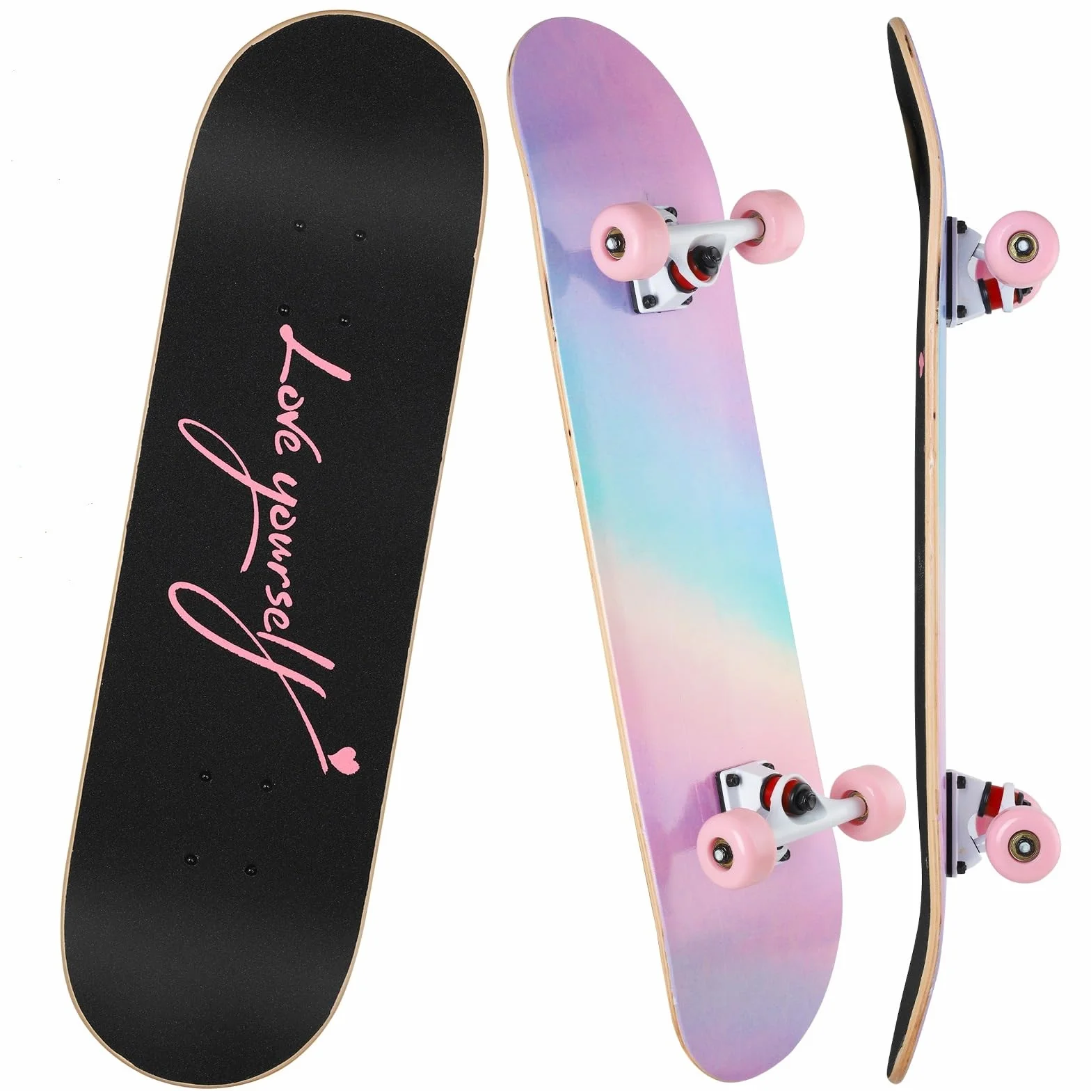 Skateboard Ado Fille Enfant Adulte débutants- 7 Couches en Bois d'Erable Plateau 80 x 20cm Apporter Sac Skateboard - Poudre Arc-en-Ciel