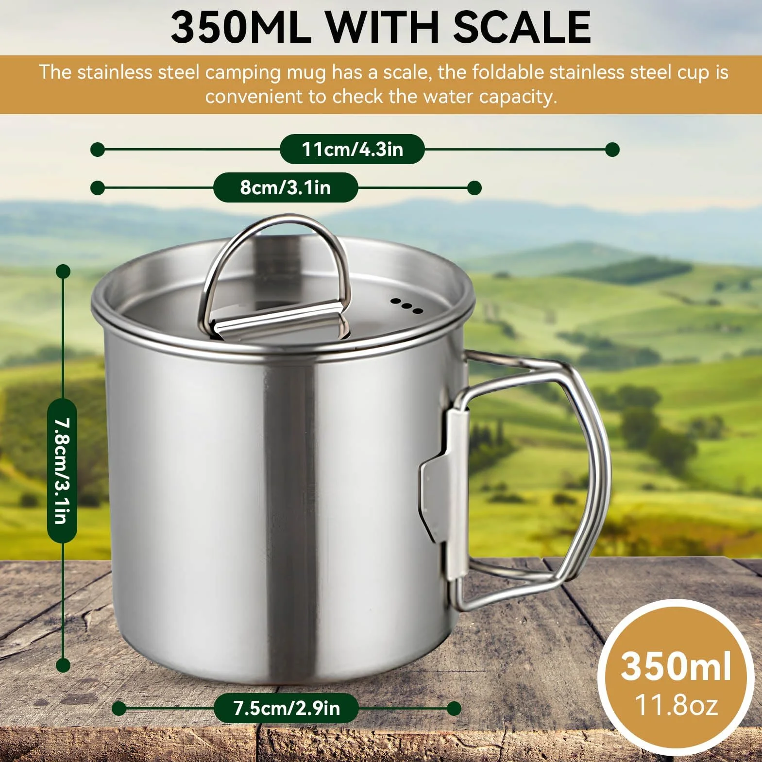 HERCHR 350ml Tasse de camping, tasse à eau en acier inoxydable avec poignées pliables et couvercle portable et résistante à la chaleur tasse à café isotherme pour le camping en plein air