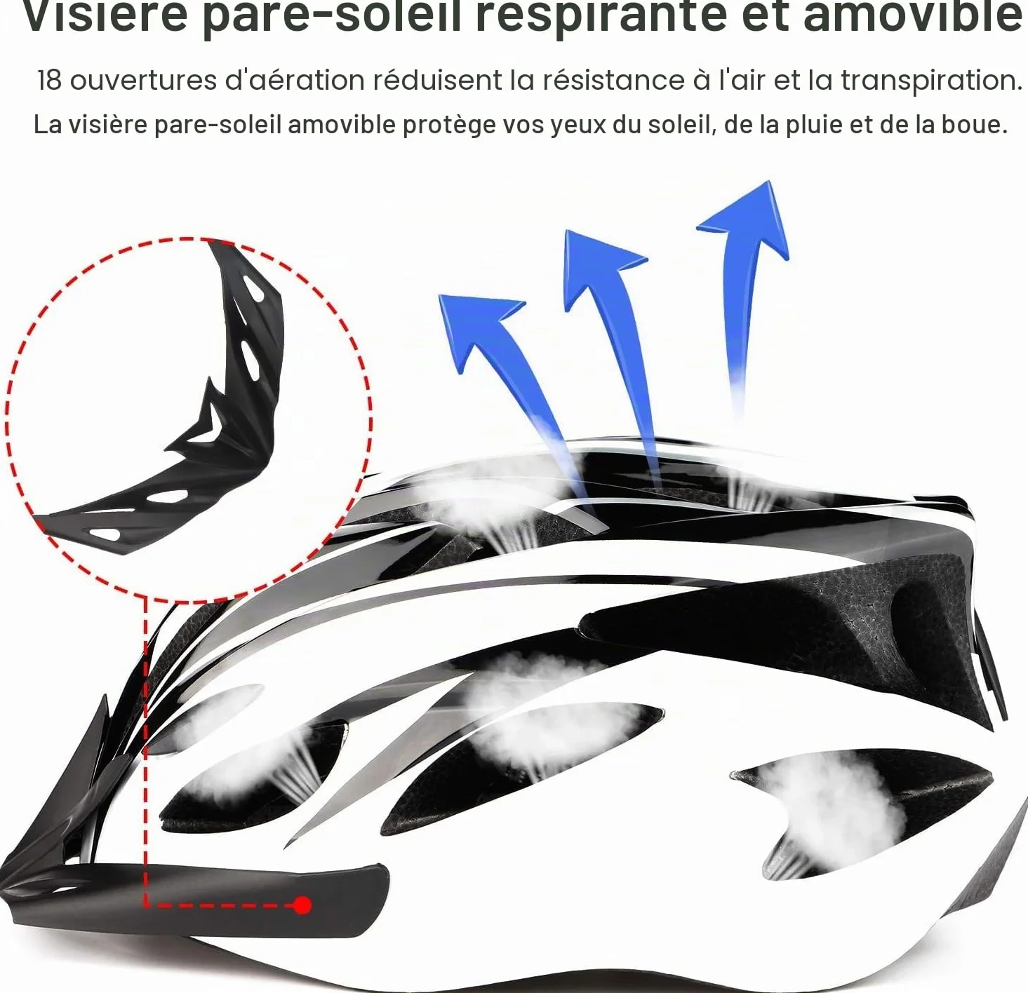 Casque de vélo pour Adulte Homme Femme - Corps EPS + Coque en Polycarbonate - Casque de VTT avec visière et Rembourrage Amovibles - Casque de vélo réglable 58-61 cm