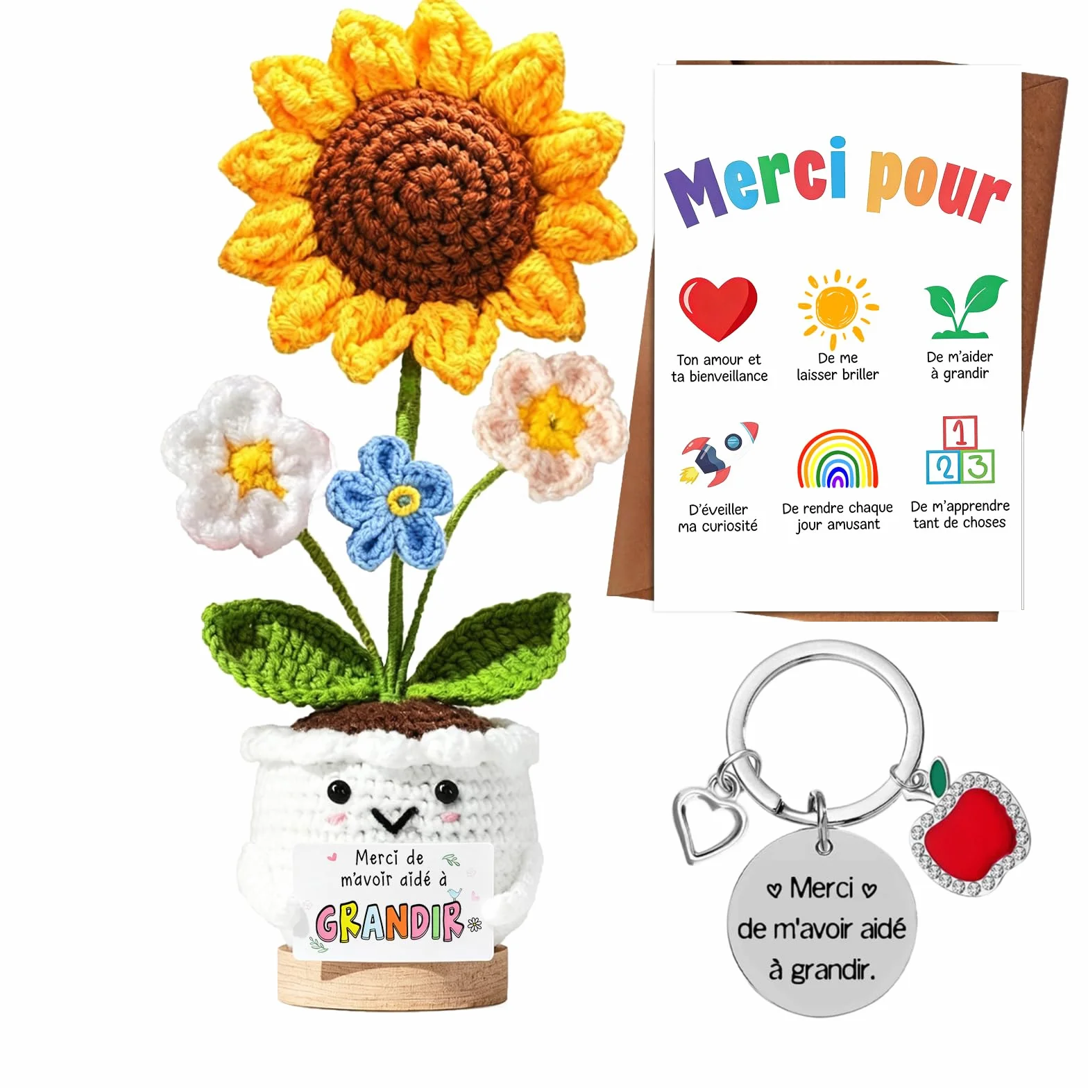 Fleur Pot Crochet Main Tulipe Tournesol Porte-Clés Cadeau Maîtresse Fin Année Noël École Merci Atsem