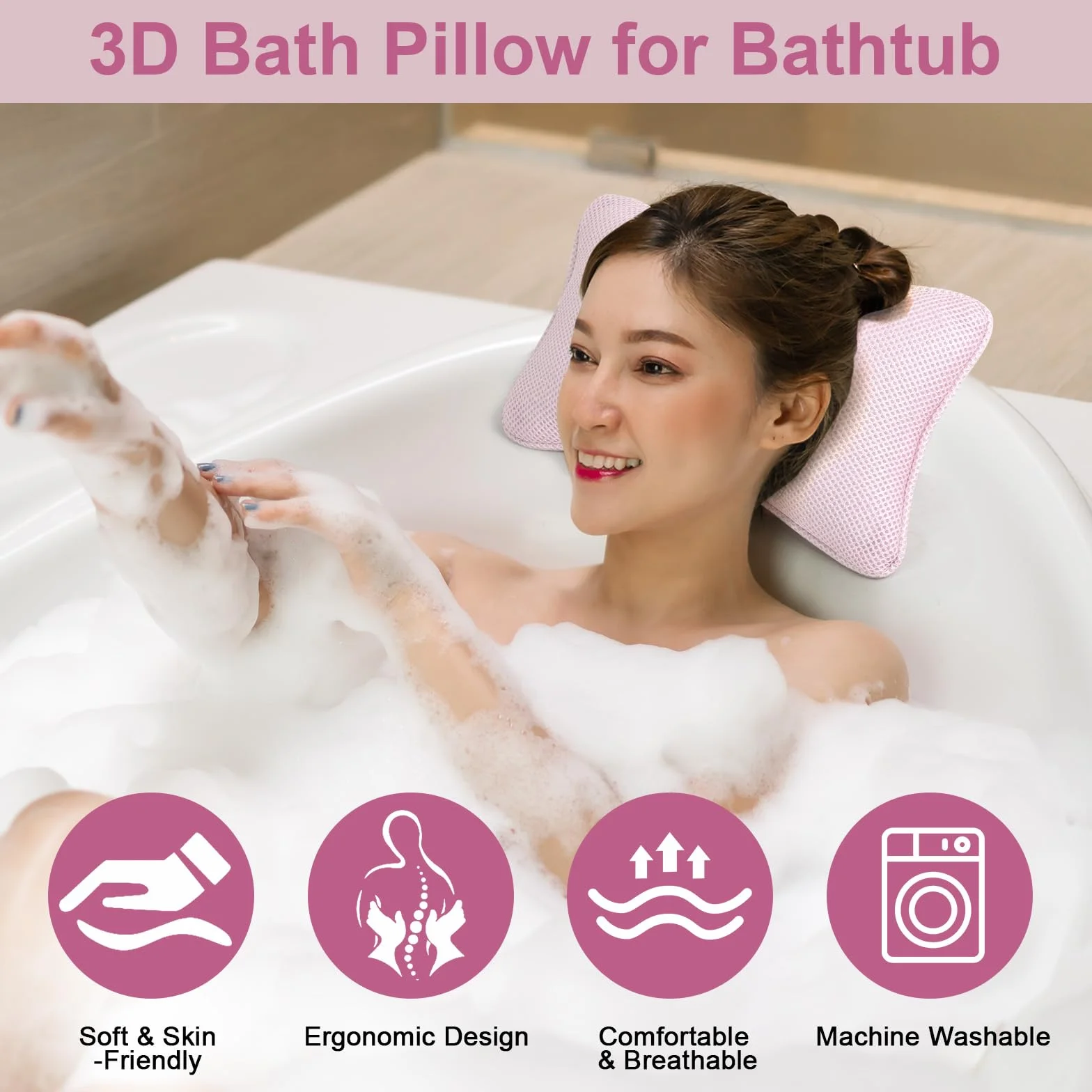 Oreiller de Bain Antidérapant avec Ventouse Ergonomique pour Nuque Rose