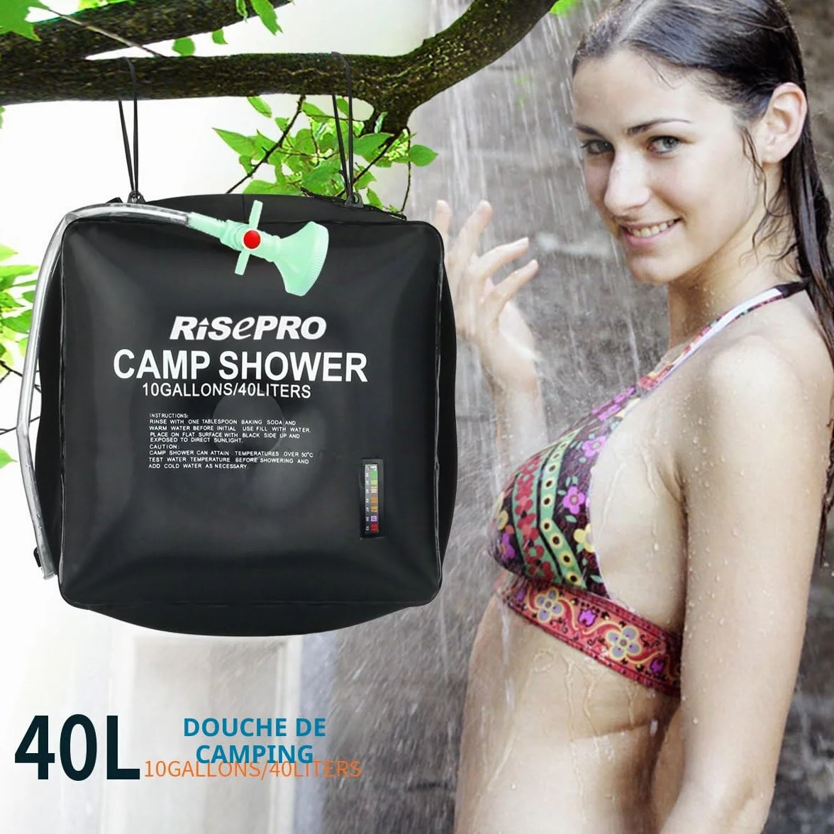 Sac de douche solaire 40 litres camping, température 45 °C randonnée, escalade