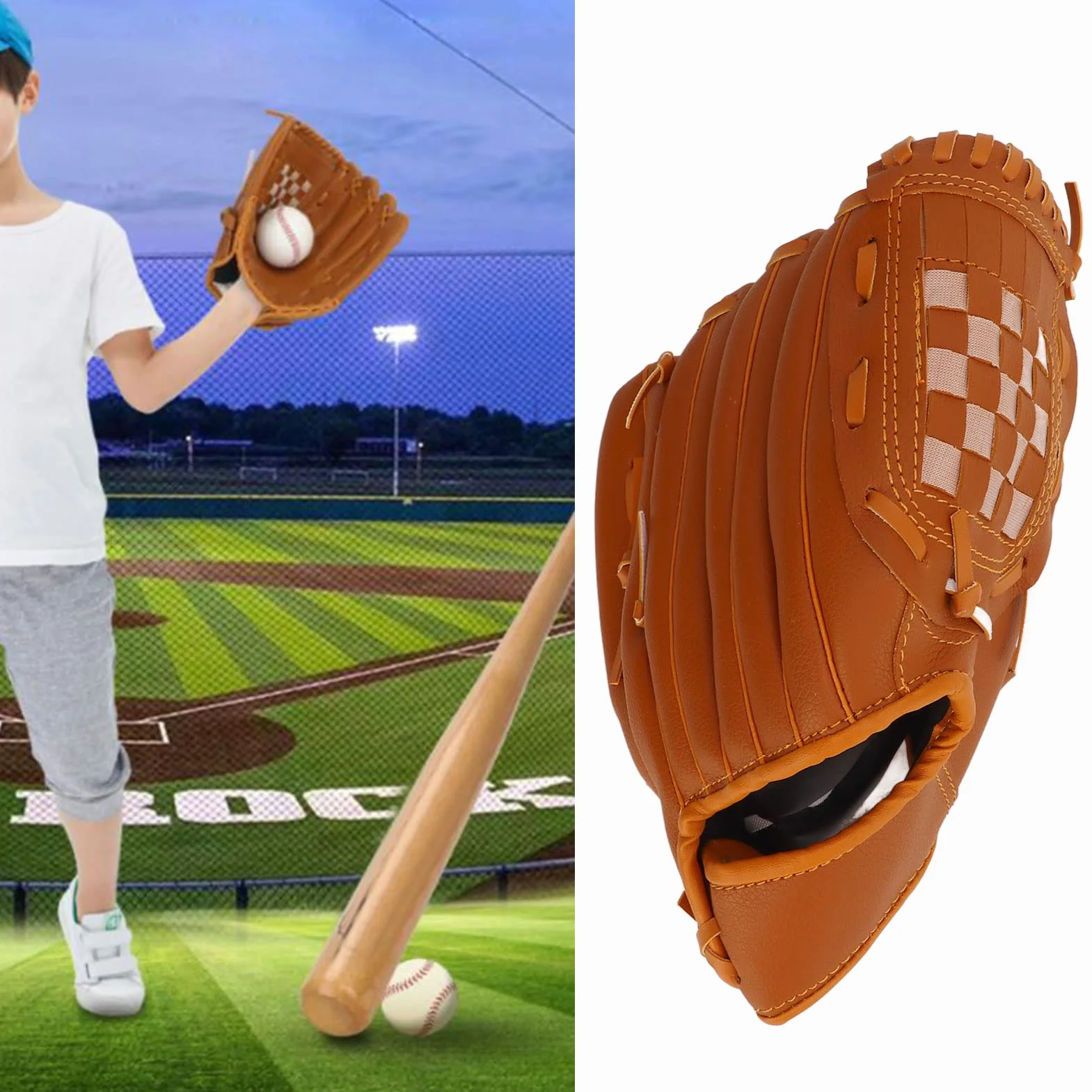Gants De Baseball De Sport, Gant De Baseball pour Enfants, Gant De Baseball pour Adultes, Gants De Softball, Gants De Baseball en PVC Marron pour Enfant, Adulte, Entraînement en Plein Air.