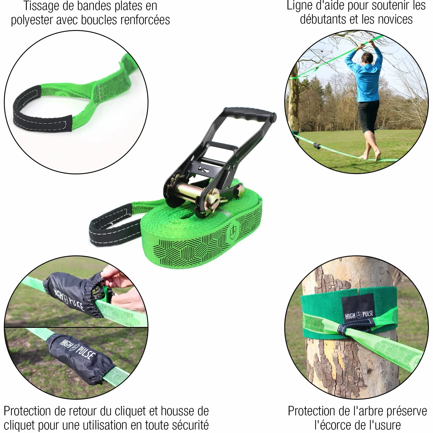 High Pulse Slackline - Kit Complet pour Adultes Débutants et Confirmés - Slackline 15m avec Sac de Transport, Sangle à Cliquet et Protection Arbre - Sport d'Équilibre Facile à Installer dans le Jardin