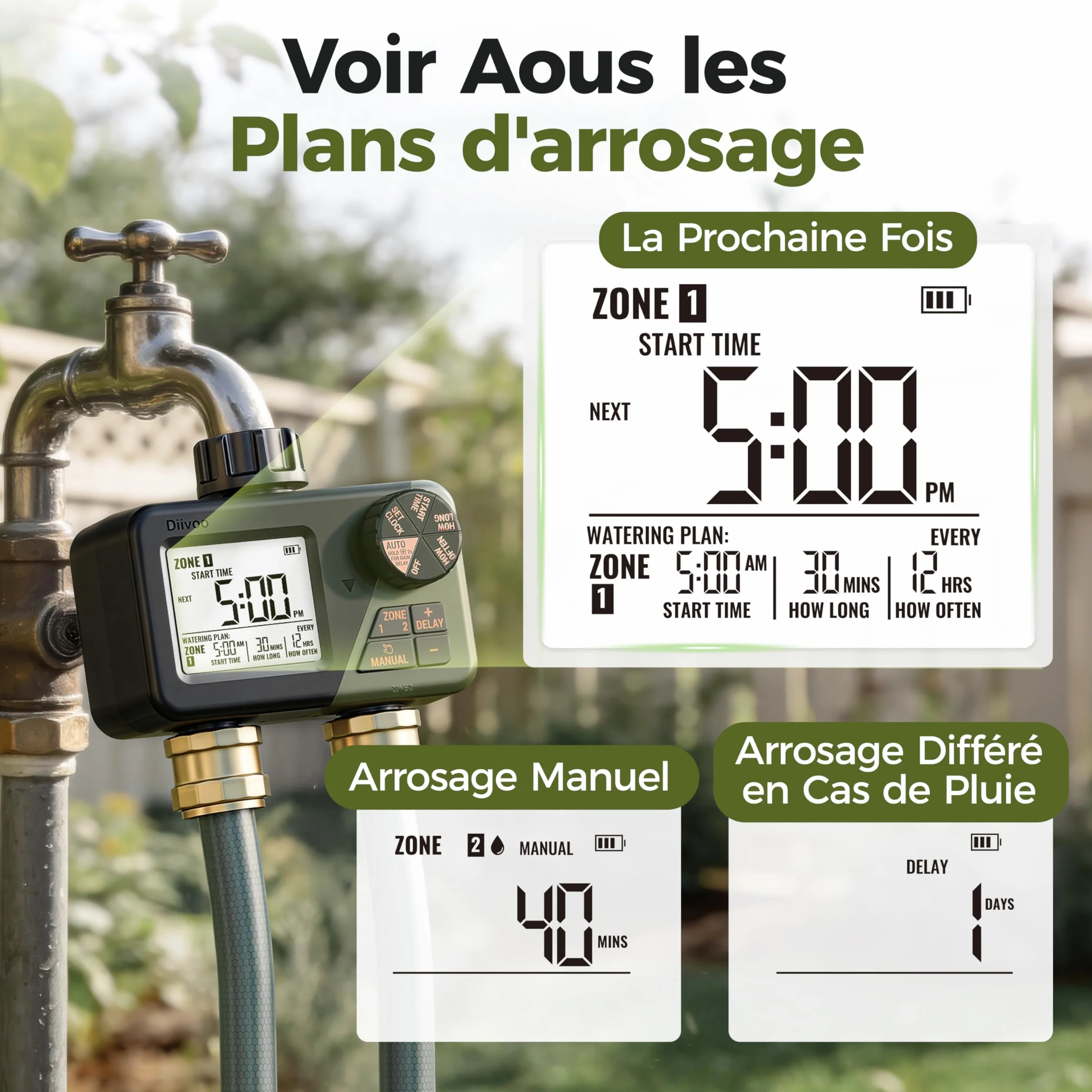 Diivoo RF Télécommande Programmateur Arrosage 2 Voies IP66 Grand Écran LCD