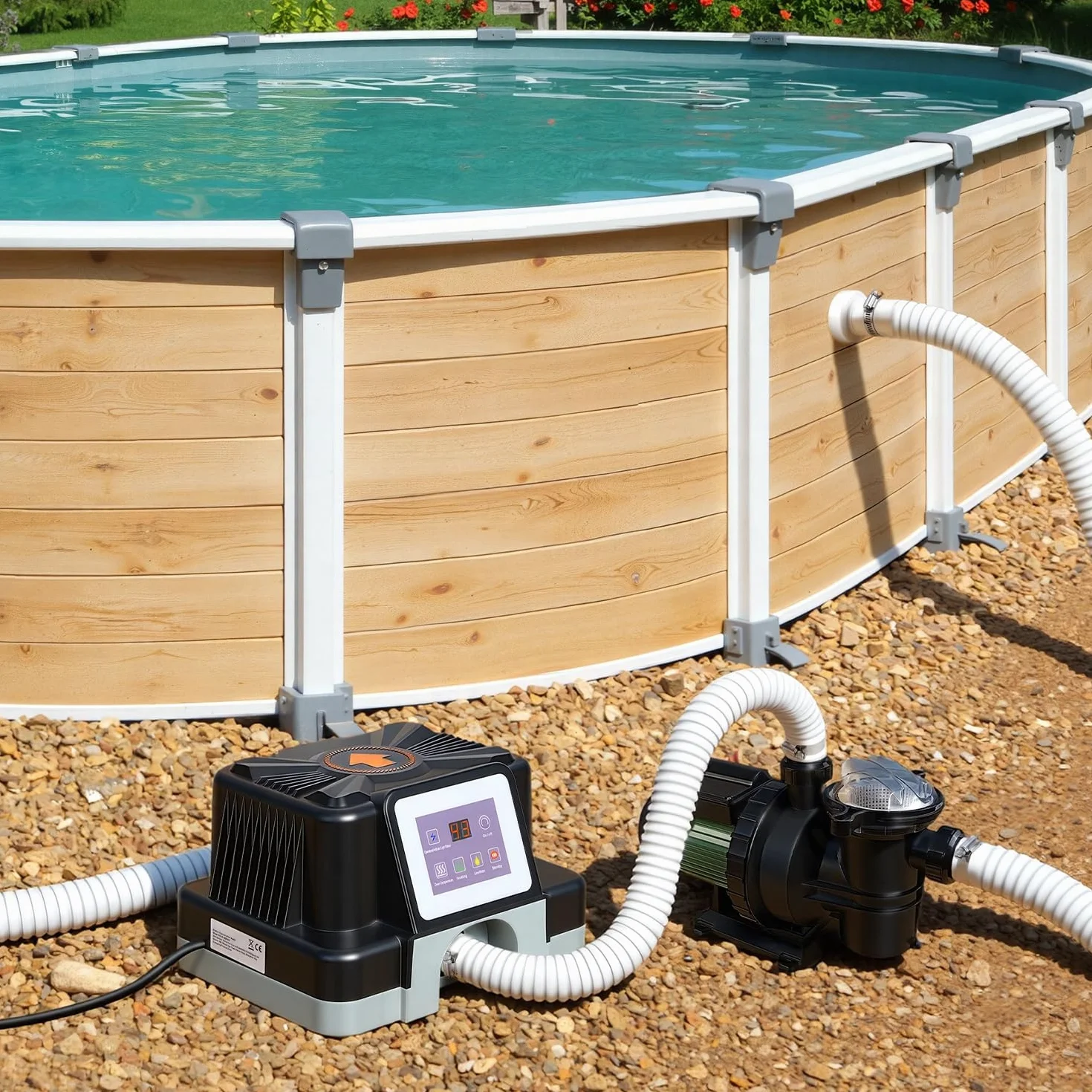 Chauffage de piscine électrique 3 kW, protection FI, anti-basculement, affichage numérique, étanche, pour piscines hors sol 3 m³, raccord 32-38 mm