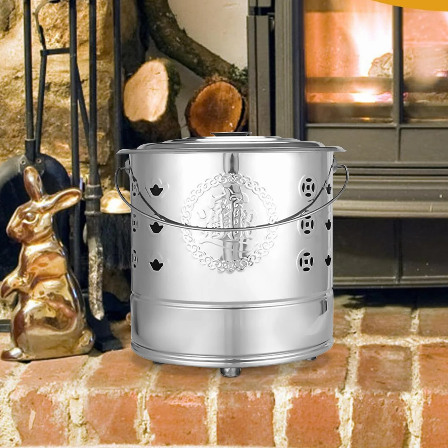 Burn Barrel Seau en Papier Inoxydable avec Poignée de Transport pour Feuilles Débris Bois Conteneur à Feu Extérieur Durable