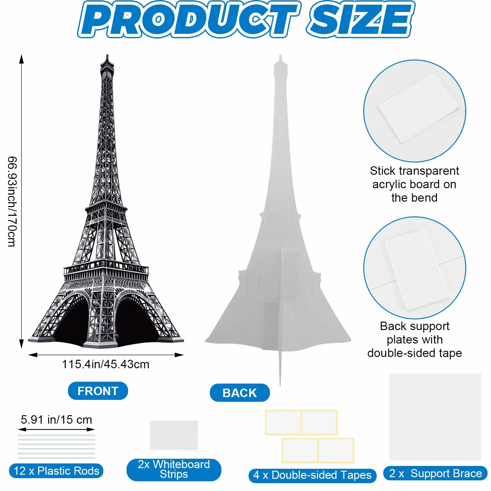 Tour Eiffel 3D 1,8 m Découpe carton Taille réelle Accessoire cabine photo Panneau fête anniversaire France