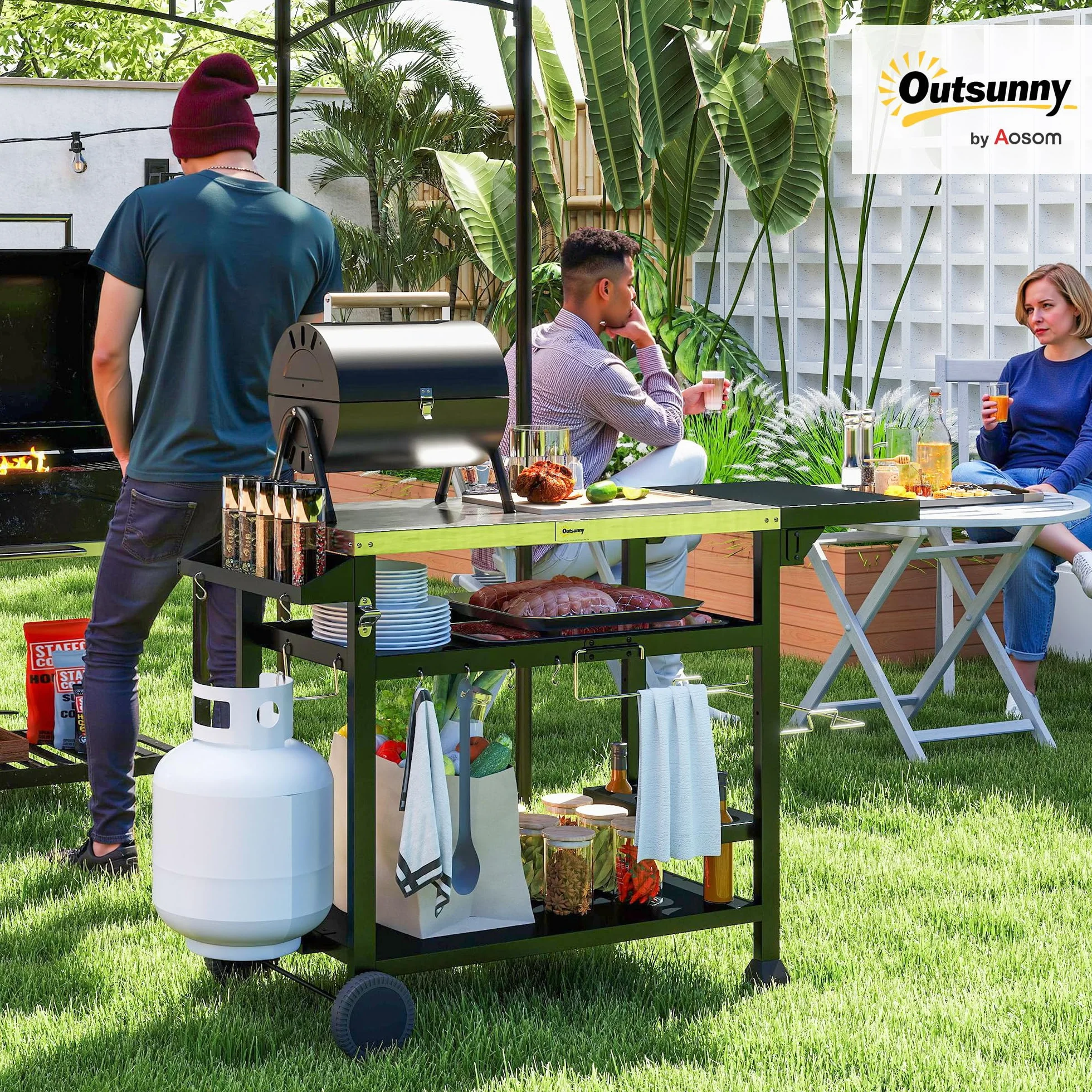 Outsunny Chariot Desserte Barbecue Plancha INOX 3 Étages 6 Crochets Tablette Rabattable 2 Roulettes