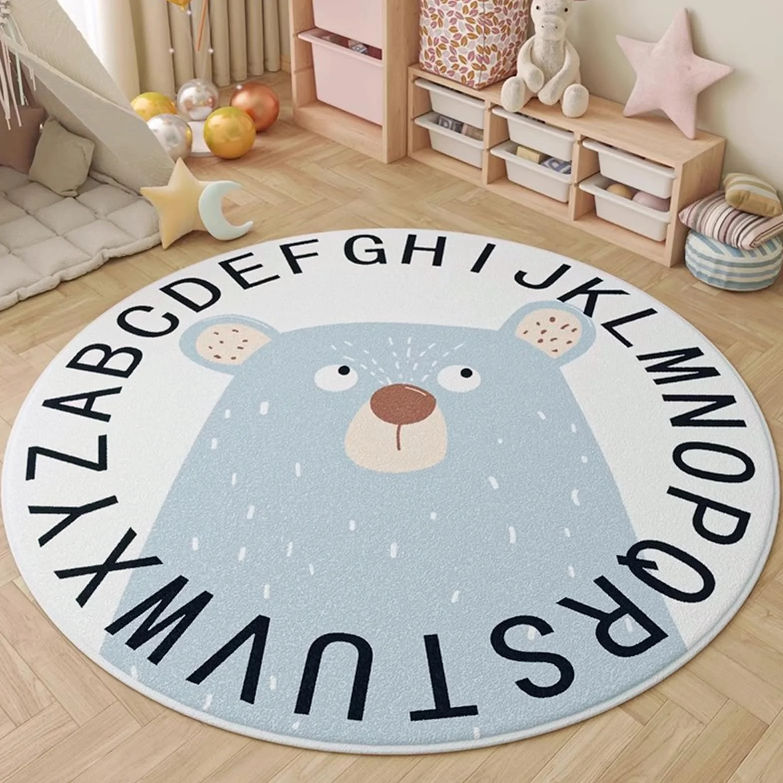 Tapis pour enfant rond 100 cm motif bleu ours antidérapant chambre d'enfant