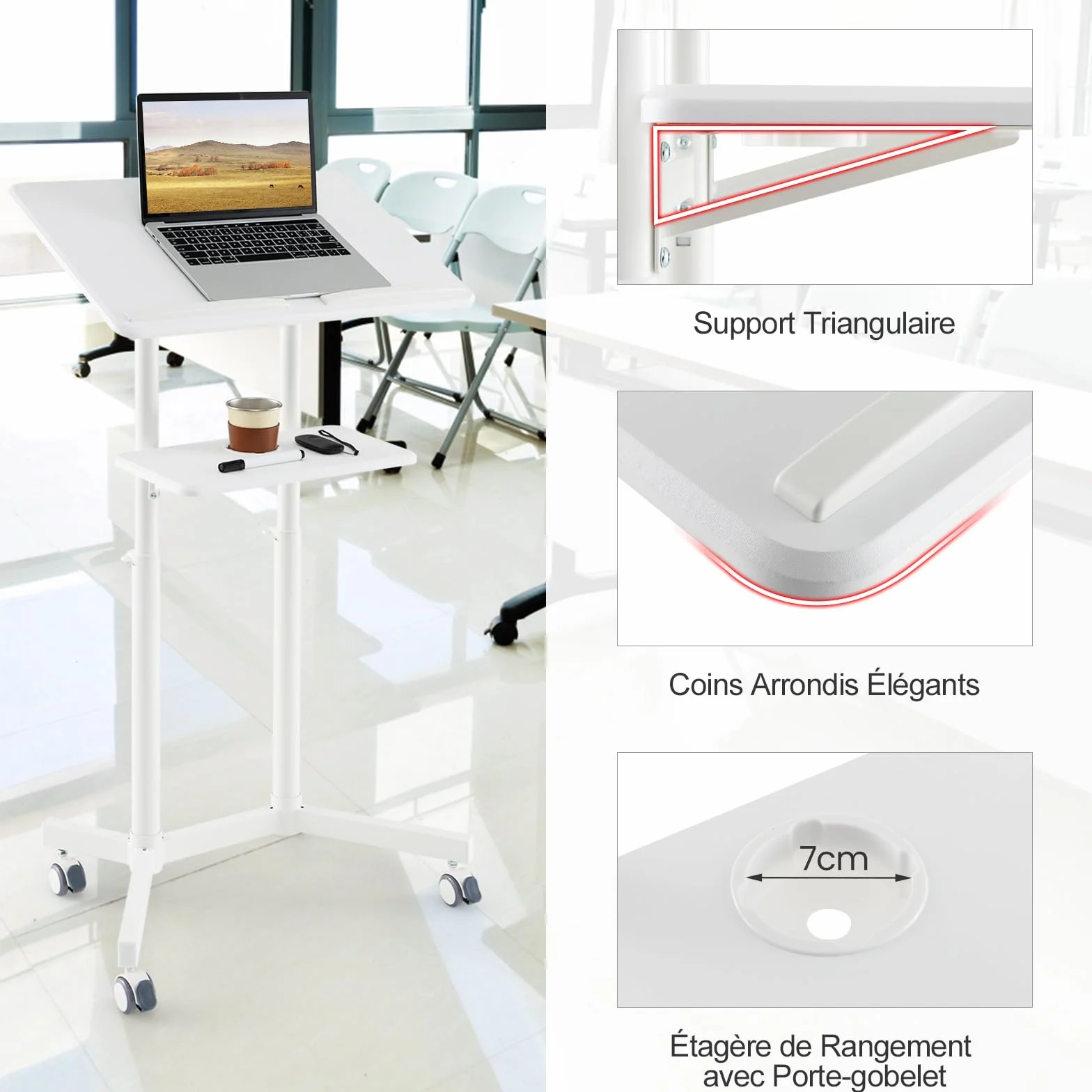 COSTWAY Pupitre Debout Mobile 104,5-128,5 cm Bureau Incliné Réglable avec Rebord et Étagère (Blanc)