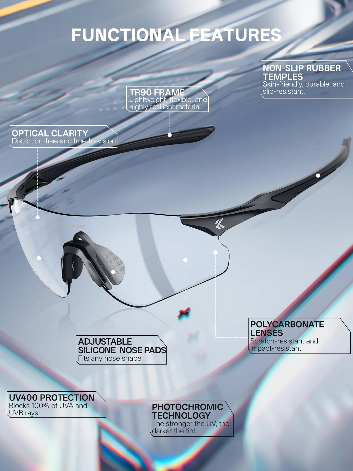 KAPVOE Lunettes de Soleil Sport Photochromiques Homme Femme, Lunettes UV400 22g Ultra Légères avec Plaquette de Nez en Silicone Réglable, Running Cyclisme Baseball Conduite K108