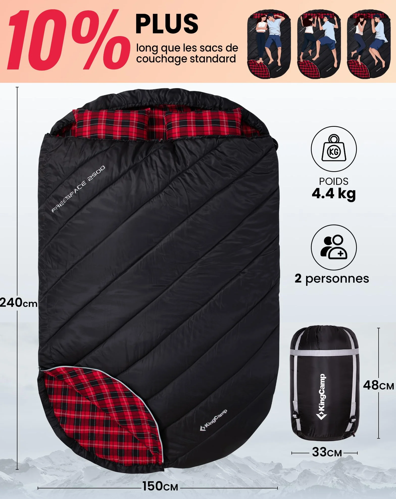 KingCamp Sac de Couchage Double en Flanelle de Coton pour 2 Personnes - Chaud pour l'hiver, 3-4 Saisons, avec 2 oreillers - Idéal pour Le Camping, Voyages et activités Plein air