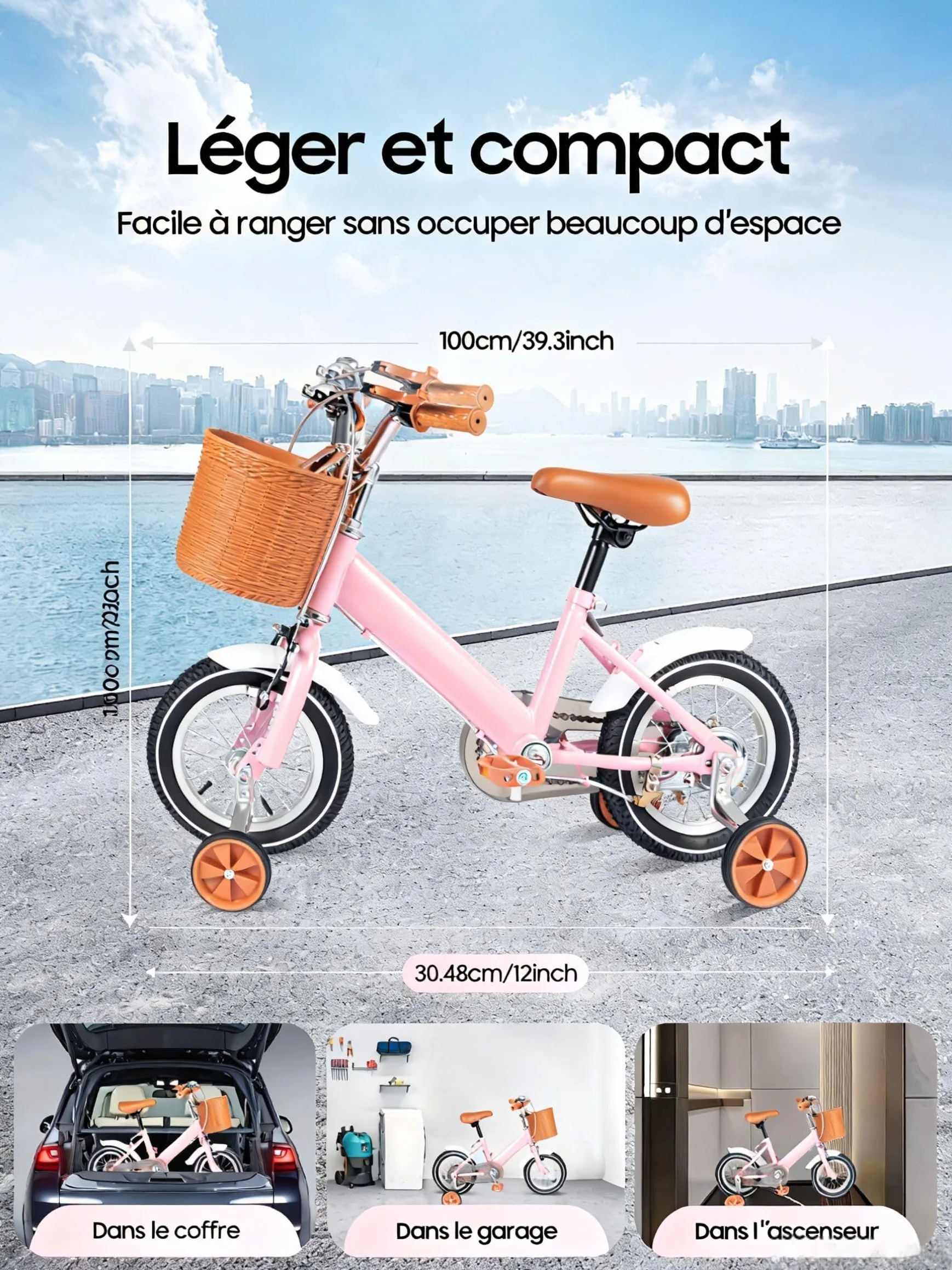 Vélo pour fille, 12" avec panier et stabilisateurs, vélo d'apprentissage avec équilibre et pédales pour 2-5 ans, rose
