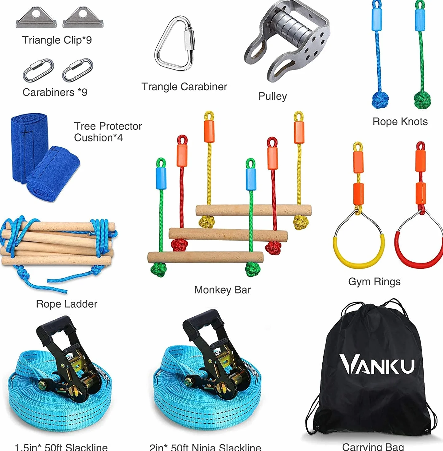 Slackline Kit Parcours d'obstacles à Suspendre Mixte, Slackline Monkey Bar Kit, Stage d'entraînement d'obstacles, Obstacle Cours d'escalade pour Enfants (Multicouleur)
